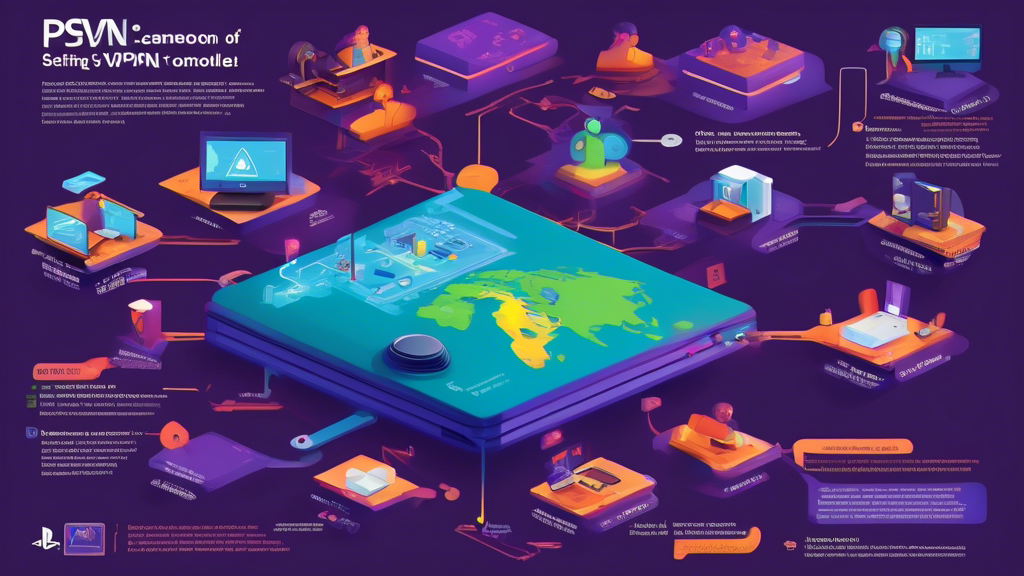 A colorful step-by-step infographic showing the process of setting up a VPN on a PS4 console, emphasizing landmarks and symbols representative of Cameroon.