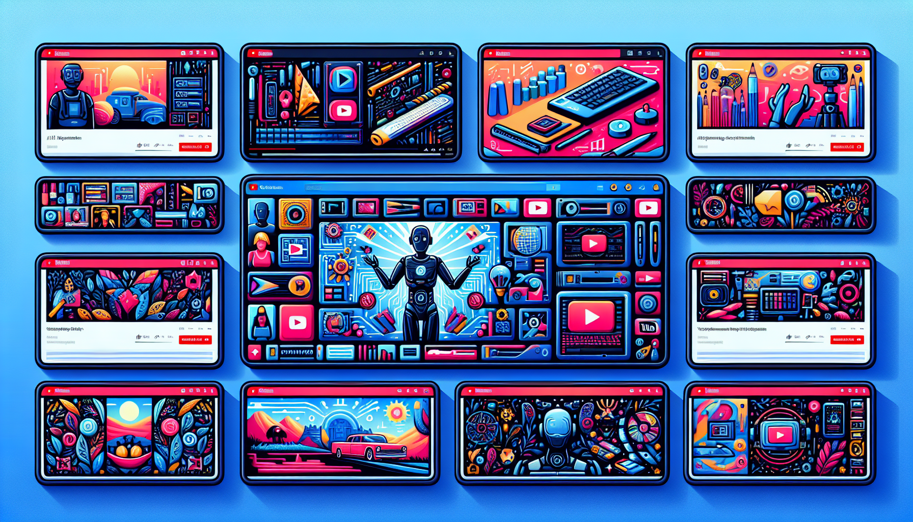 Design an image showcasing a variety of AI software tools, designed for generating YouTube thumbnails. The image should feature a display of computer screens, each one showing a different software in action. In the foreground, there should be a few thumbnail designs showcasing a variety of concepts - travel, cooking, technology, and education. All should be styled to suit the YouTube platform, using vibrant colors and intriguing designs. Text overlay on each thumbnail should indicate the category, with an AI icon subtly present to visually link the thumbnails to AI software.