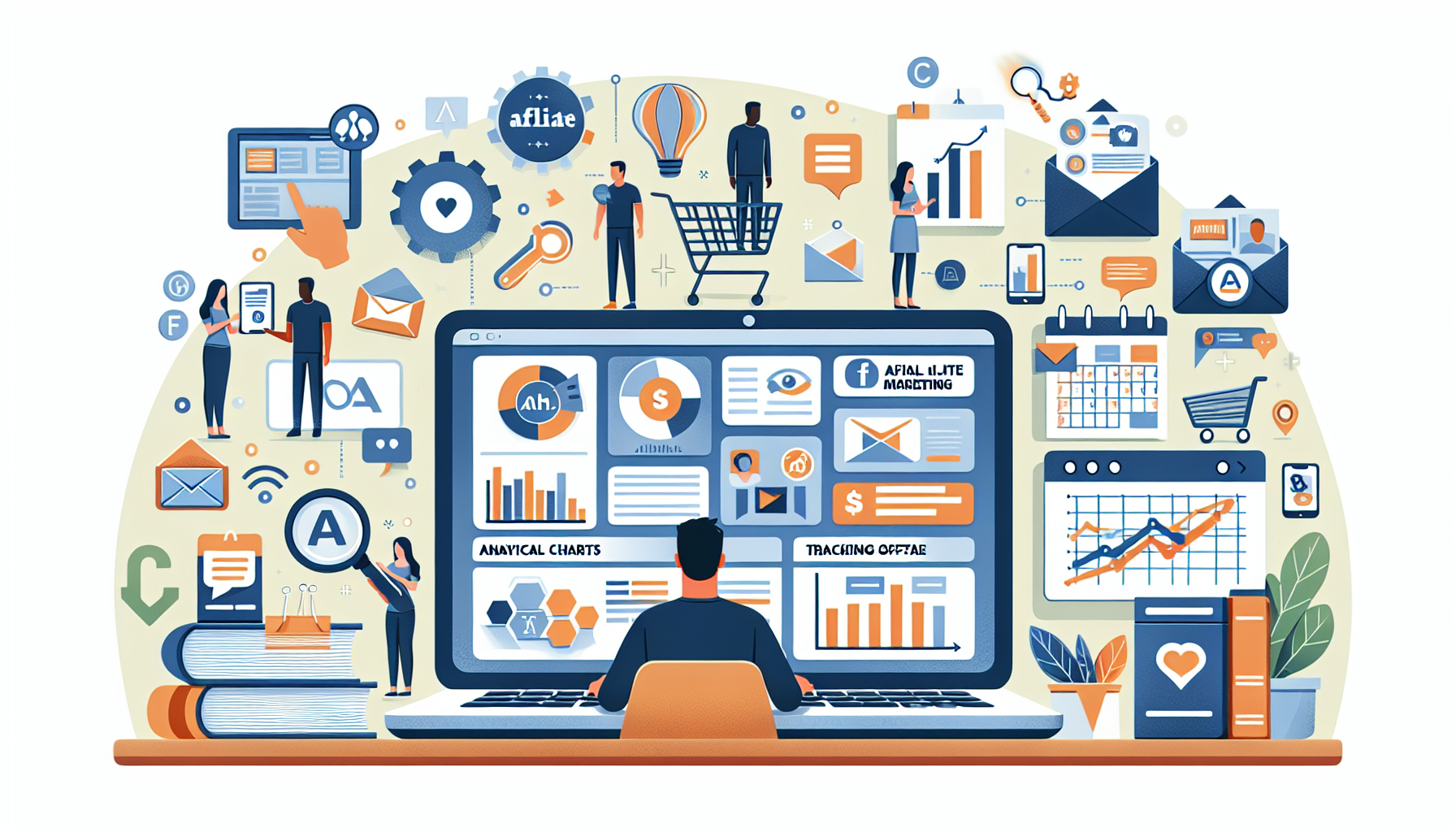 Illustration of top affiliate marketing tools aiding in successful campaigns. Visualize a laptop showing analytical charts, social media icons, an email marketing platform, and tracking software on its screen. There should also be a book with tips on affiliate marketing, a calendar for planning purposes, and a web page showcasing various products for affiliate marketing. An anonymous user operating these tools with people of diverse gender and descent benefiting from the strategies around the laptop should also be featured.