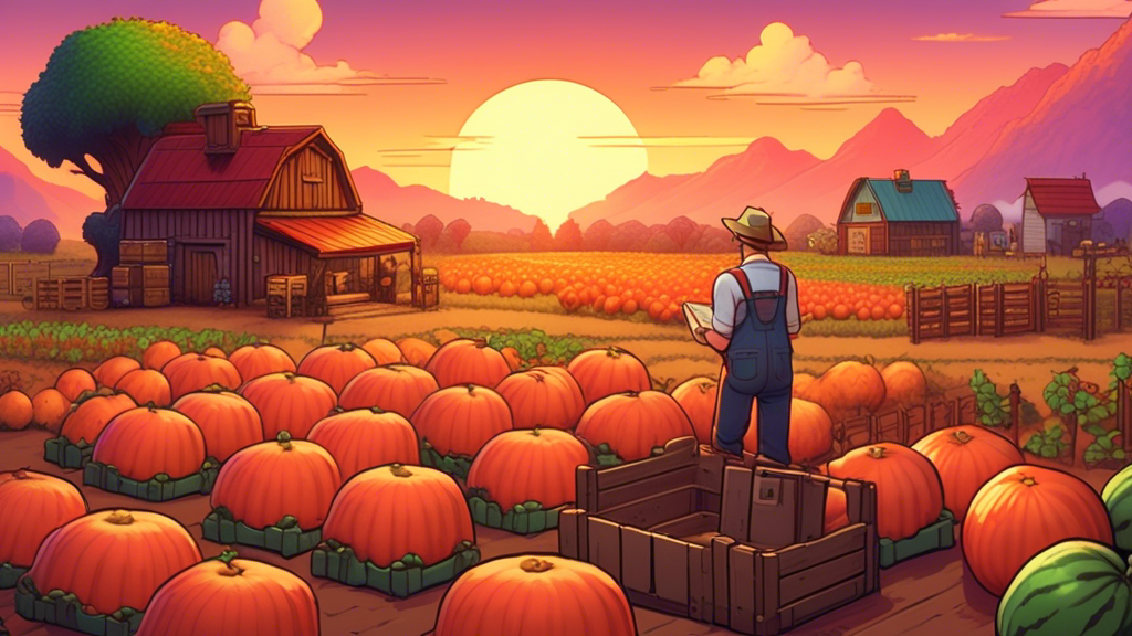 A cozy farm scene in Stardew Valley at sunset, with a farmer tending to a vibrant patch of giant, perfectly ripe melons, with an illustrated guidebook titled Mastering Melons resting on a wooden crate nearby.