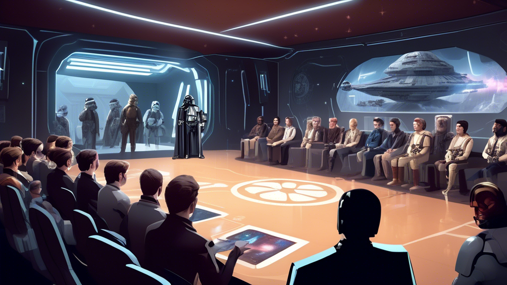 A digital illustration of a futuristic press conference room with Aspyr executives issuing a public statement, surrounded by Star Wars themed decorations and a hologram displaying the Star Wars: Battlefront Classic Collection logo, with concerned fans and journalists in the audience.