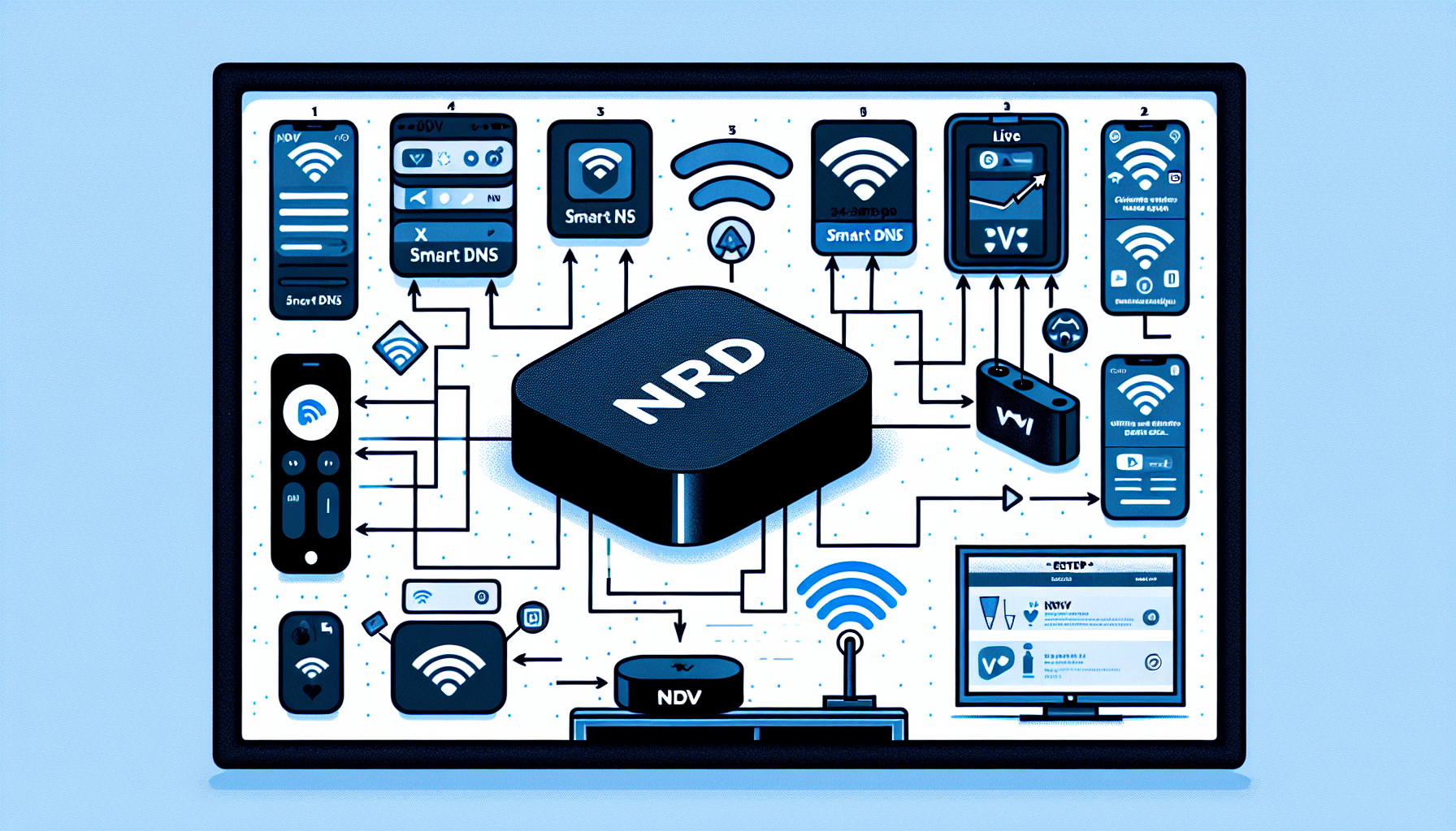 Illustrate the process of setting up Smart DNS on an Apple TV, prominently featuring the NordVPN logo. The image could be divided into various sections, each one representing the different steps involved, orderly arranged from left to right or top to bottom. These steps may include screen menus, user actions, and the status of the Apple TV before and after the setup. Include a live WiFi connection symbol to demonstrate that everything is set up correctly.