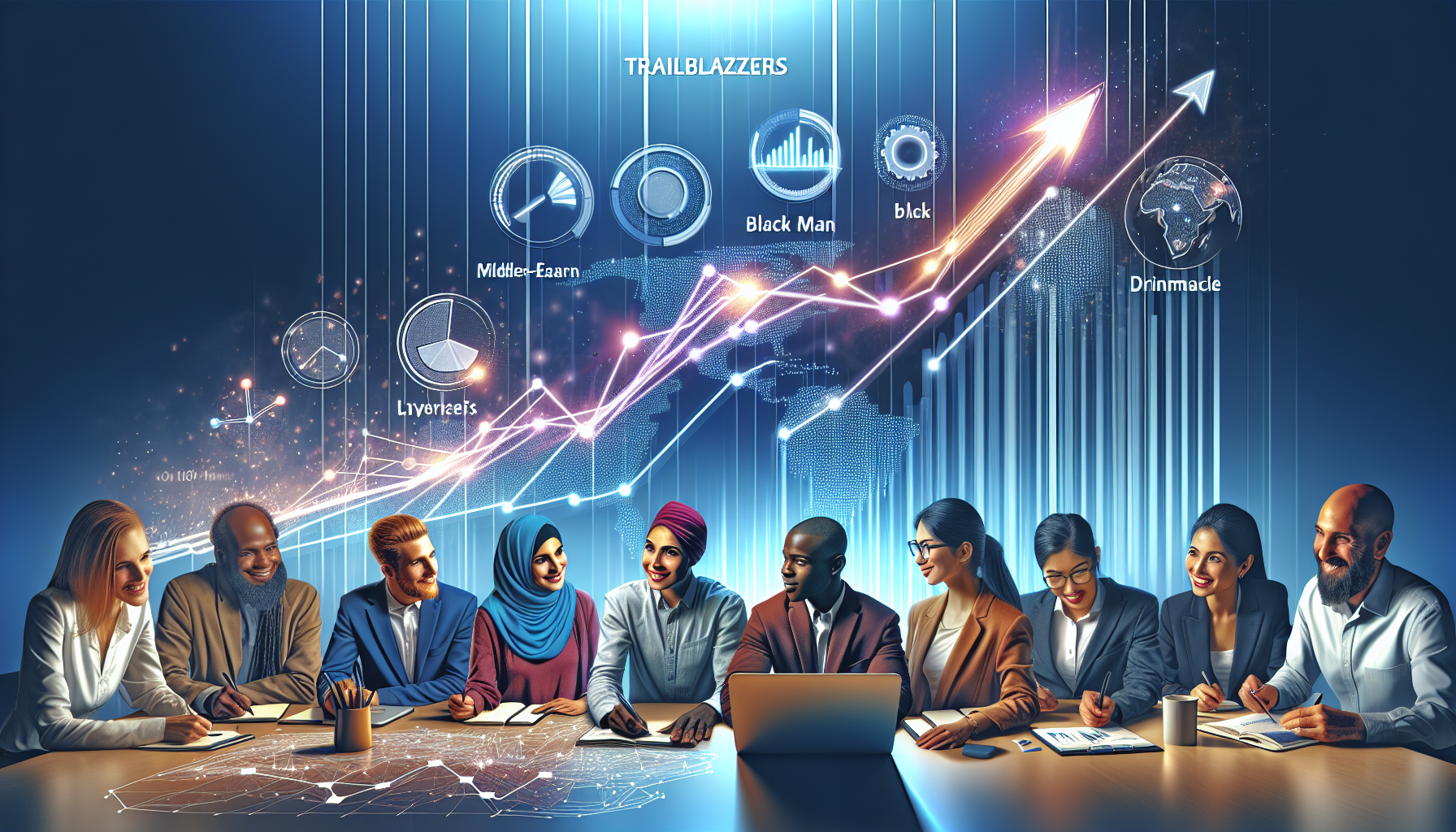 An illustrative image depicting the concept of trailblazers in content marketing. It could feature a dynamic group of diverse professionals - a Middle-Eastern woman, a Black man, a White man, and a South Asian woman - collectively working on innovative marketing strategies symbolized by a digital interface with trending graphs and digitalized keywords. To demonstrate their impact, one could envision their insights leading to a dynamic growth chart in the background, showing upward trends in viewership and reach.