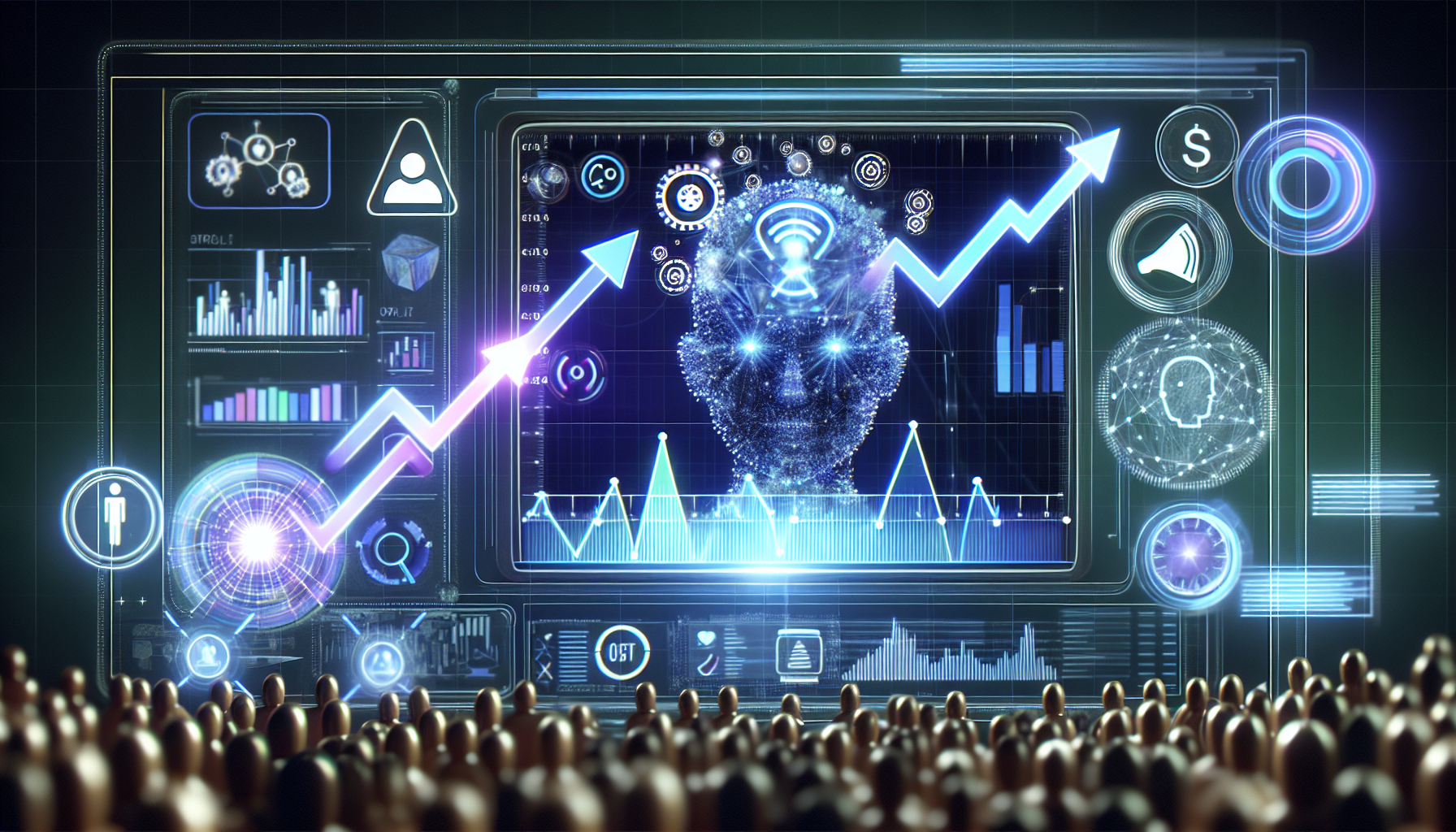An abstract representation of artificial intelligence impacting viewer engagement on a video streaming platform, with graphical arrows showing increased activity and a holographic AI interface in the center.
