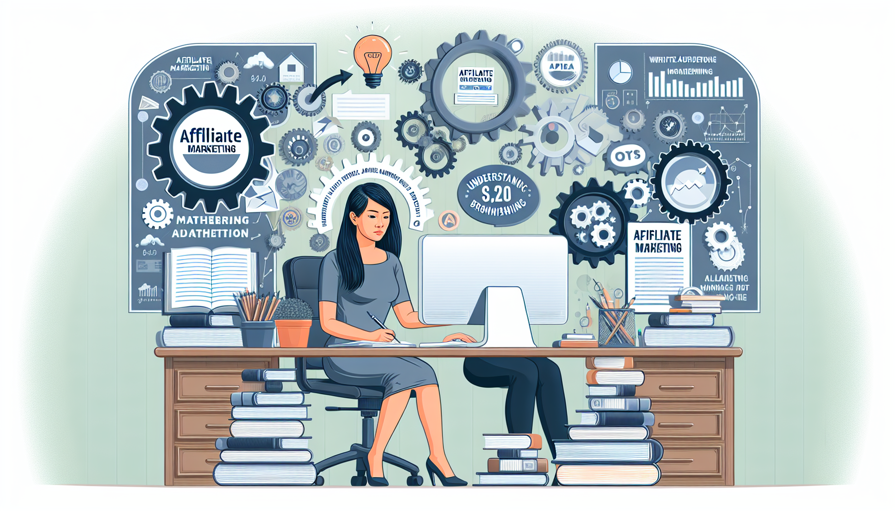 An illustrative depiction of the process of mastering affiliate marketing content creation. Display a scene where an Asian woman is sitting at her desk with various resources related to affiliate marketing. Include books, website analytics on her computer screen, affiliate marketing charts and graphs on the wall, and gears turning above her head to symbolize the thought process. She should be actively writing a marketing plan with a focused expression. Emphasize the exploration of effective strategies, understanding audience needs, and the application of creative brainstorming.