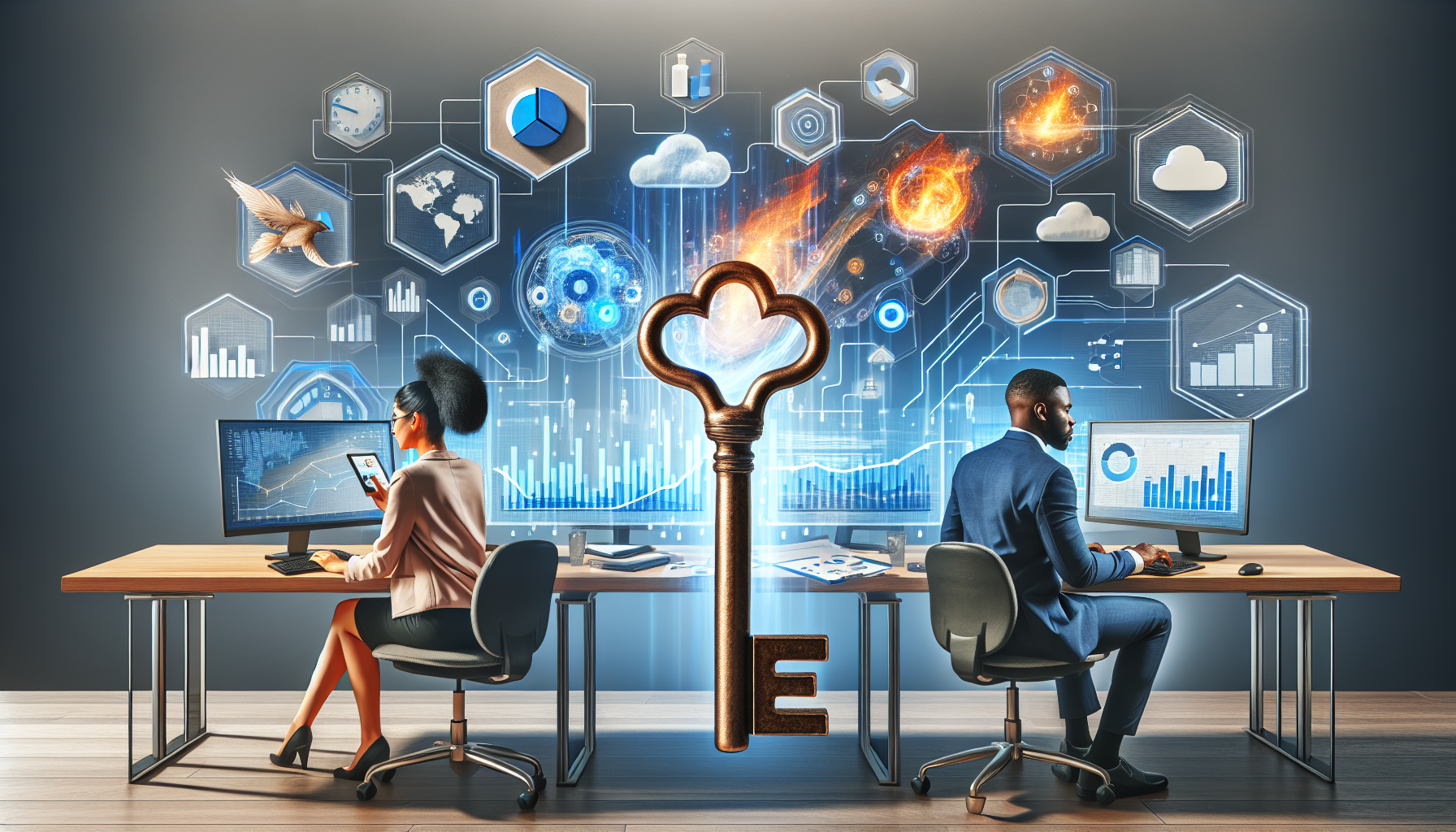 A brightly lit room filled with diverse professionals, a South Asian woman and a Black man working diligently at their computers. They are analyzing Customer Relationship Management (CRM) data on their screens, surrounded by native and visually appealing graphics that represent elements of data analysis. Flowing data streams, pie charts, bar graphs, and cloud flames populate their screens, demonstrating the power and potential of CRM data analysis. Also feature a solid bronze key symbolizing 