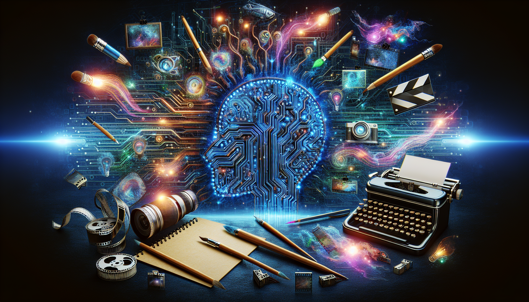 An image portraying the world of AI content creation tools. You can see a visual representation of an intricate circuit board representing the AI brain. The circuit board morphs into digital tools such as pens, brushes, film reel, and a typewriter to symbolize various content creation tools. These items are floating in a digital space filled with glowing lines of code and data streams, symbolizing the digital world where they exist. Papers with written content, vivid digital art pieces, photographs, and movie reels are emerging from these tools, signifying the AI-generated content.