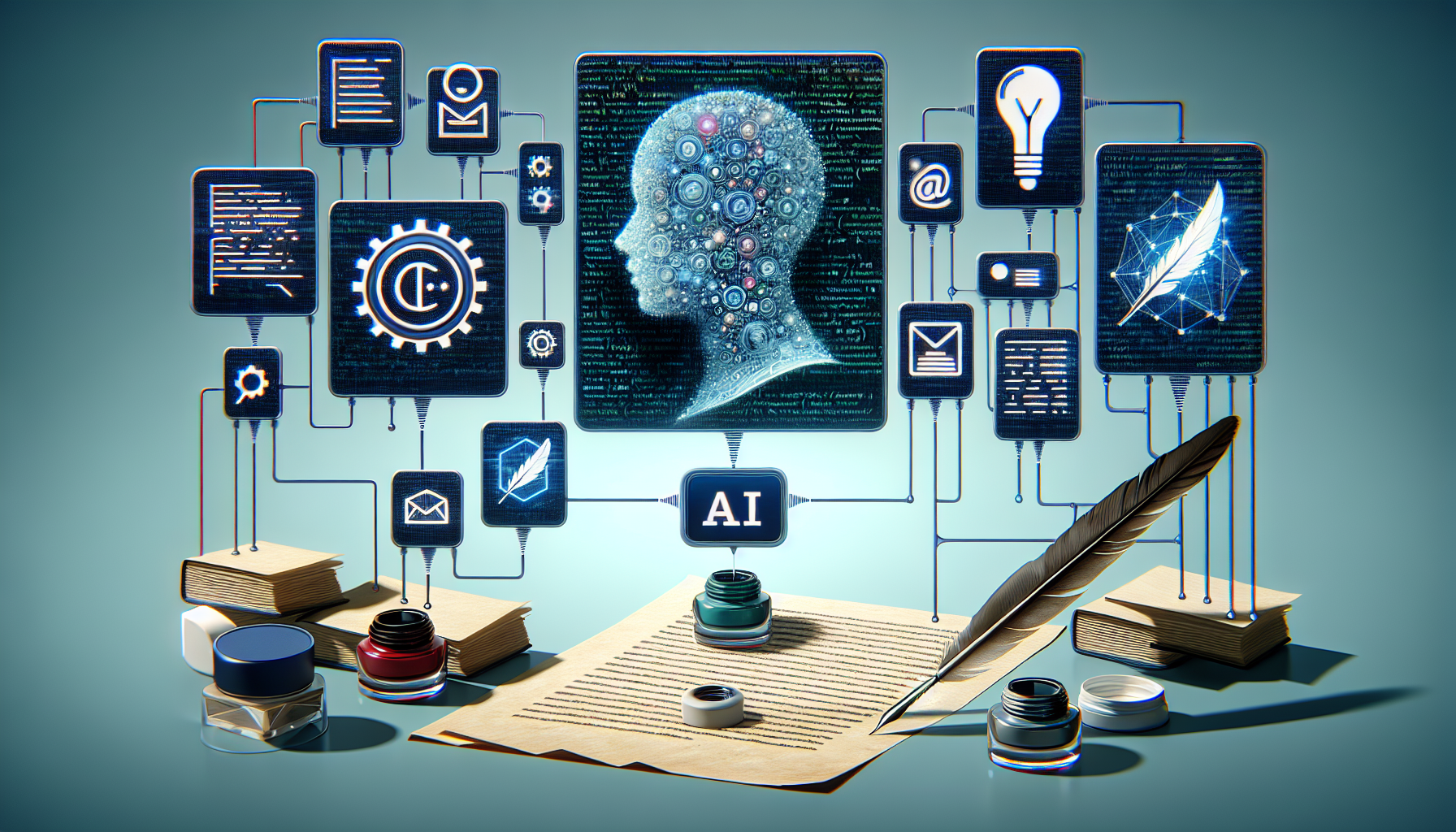 A detailed graphic representation of the best artificial intelligence software tools for effective writing. The scene should depict various software icons with distinct identifying visuals. There should be seven primary tools, each accompanied by a floating holographic screen that shows key features of the tool. The screens should be populated with generic pseudo-code or algorithms to symbolize AI, referencing no actual language. Also visible in the image should be a feather ink pen and a paper representing traditional writing, standing in juxtaposition to these modern AI tools.