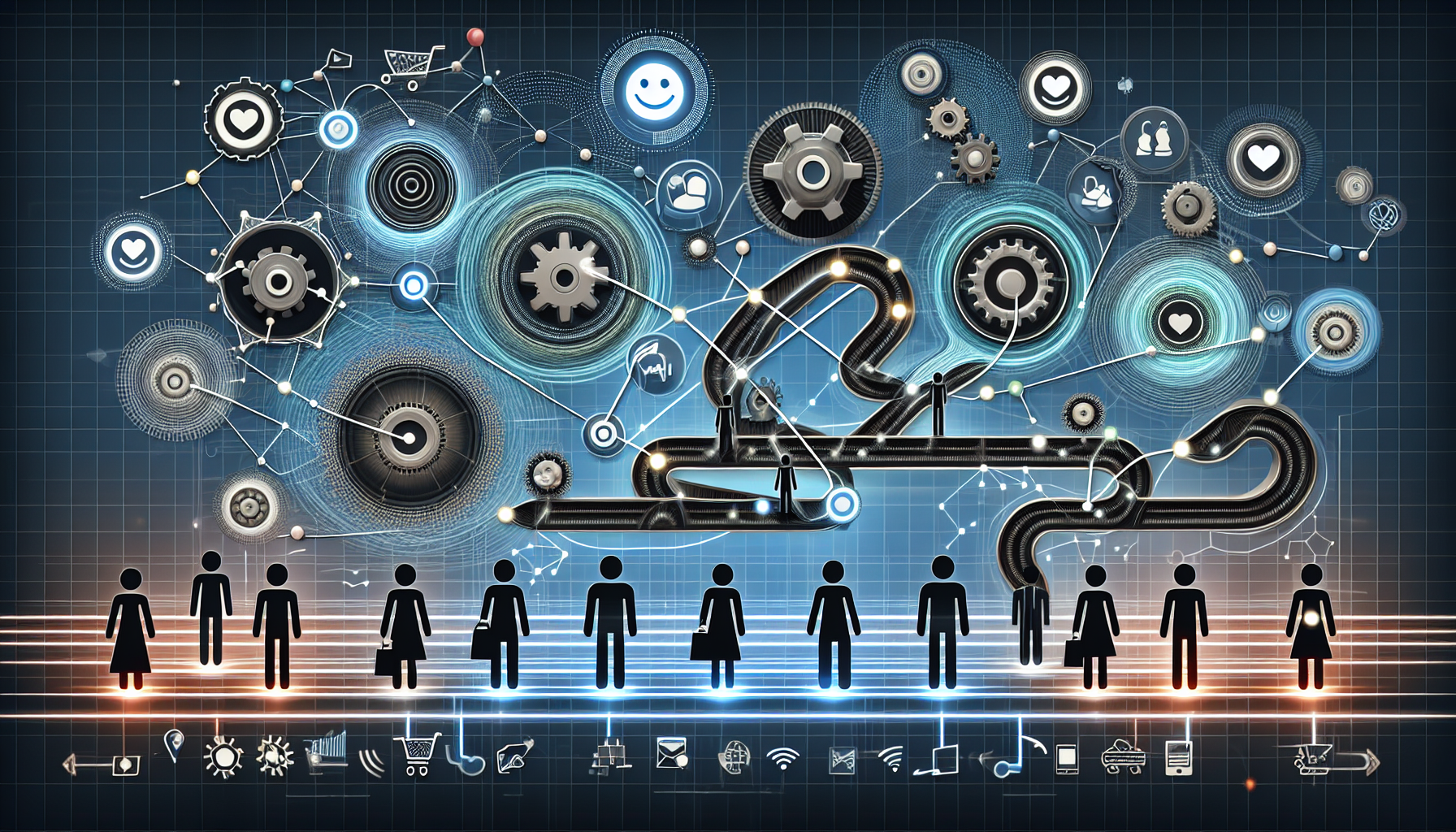 A visualization of improving the customer journey with automation technology. Depict an abstract flow chart showing the customer