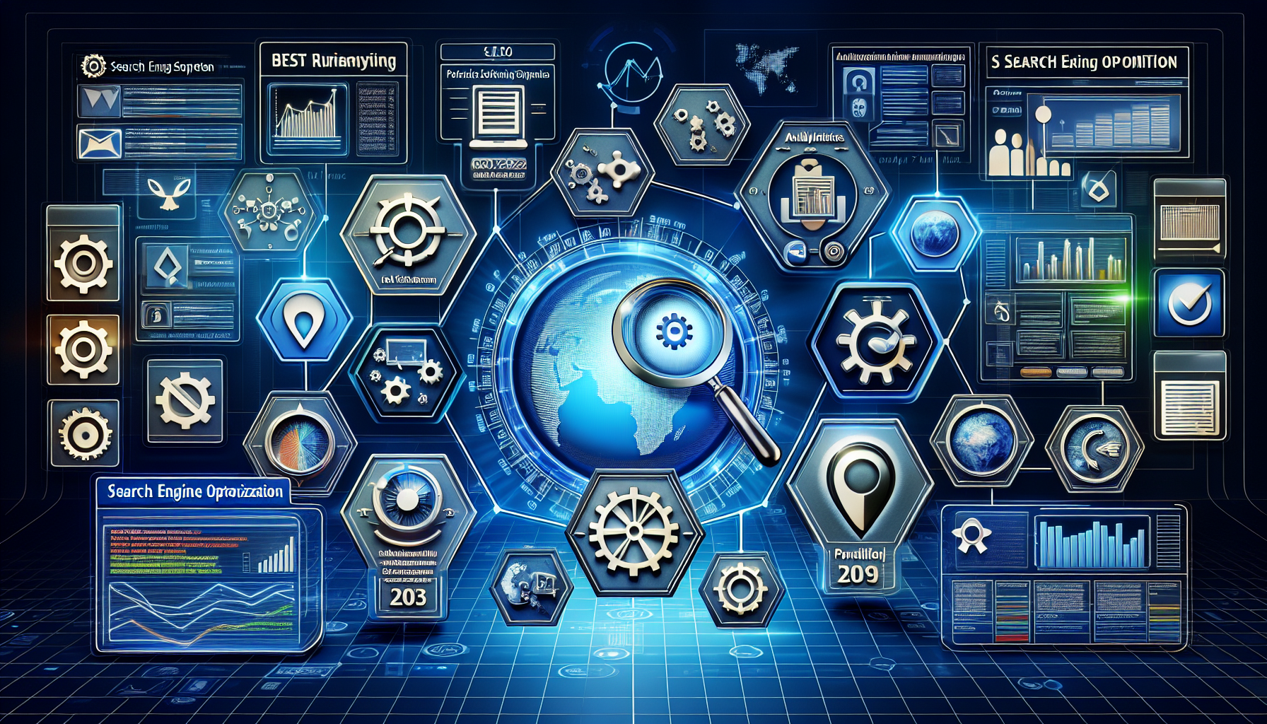 An array of the best Search Engine Optimization(S.E.O) software tools projected to be popular in the year 2023. The image should include software icons, possibly some analytic graphs or data visualizations, and text labels for each software tool to indicate its features or benefits. Also include associated ranking or reviews about these software tools on a digital background.