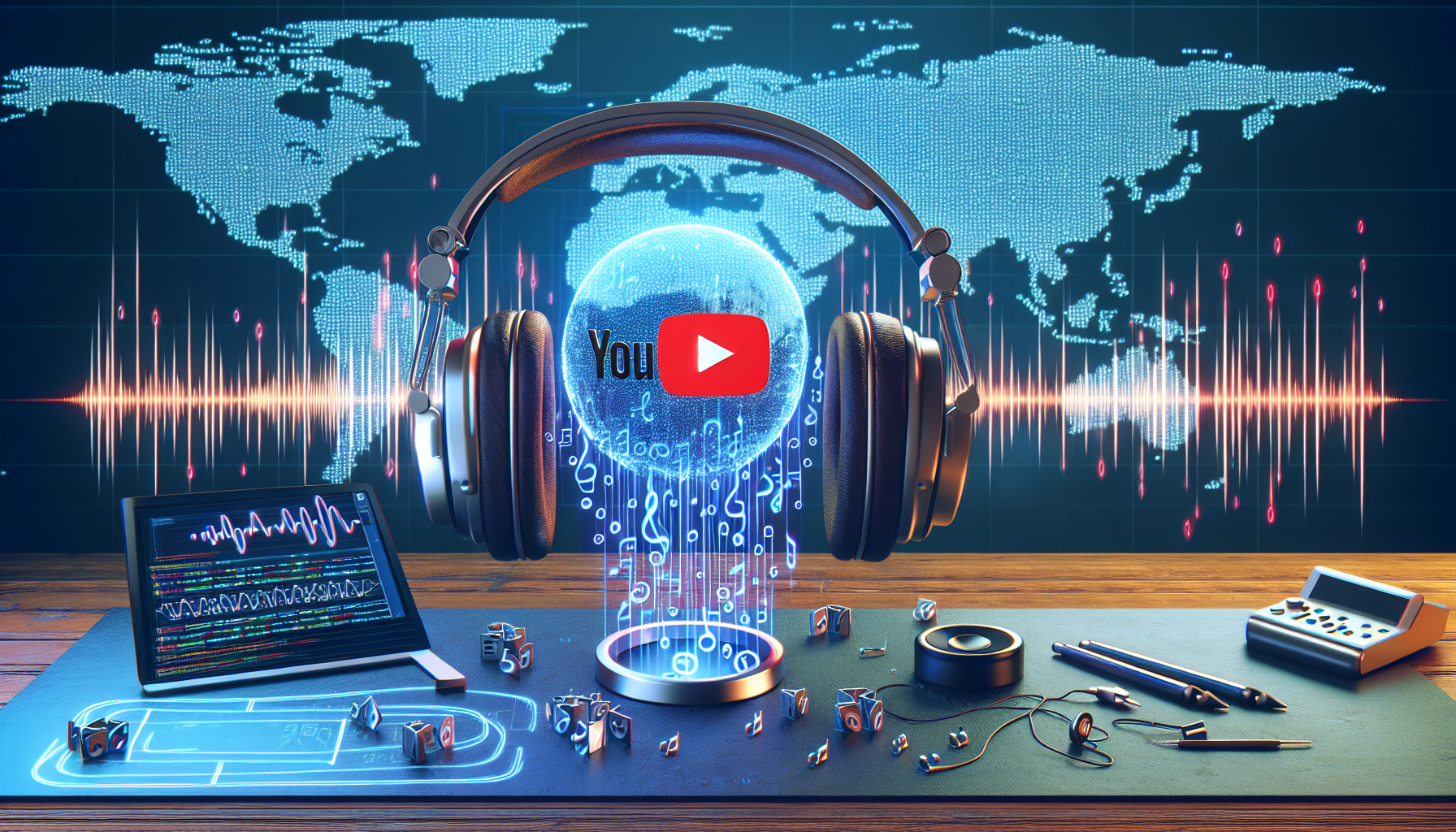 An image depicting the concept of mastering AI voiceovers for YouTube. It could illustrate a pair of large headphones situated next to a computer screen displaying the YouTube logo and waveform graphics, symbolizing sound. On the other side, there could be sequences of coding indicating an AI development or learning process. A world map in the background would signify the global reach and diversity of YouTube users.