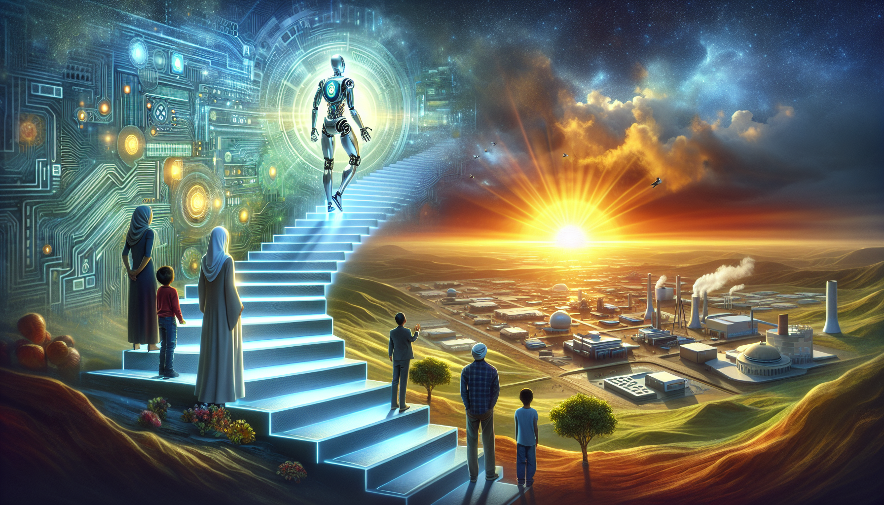 An intriguing depiction of the rise of artificial intelligence. The scene unfolds as a humanoid robot with sleek metallic surfaces and digital eyes, symbolizing AI, is seen ascending a symbolic stairway towards a brilliant sunrise. The sunrise signifies the future, glowing with immense possibilities. The landscape below is filled with structures representing different societal elements, such as factories, educational institutions, and residential buildings. A group of diverse individuals, including a Middle-Eastern woman and an Asian man, watch in fascination and apprehension from the ground. 