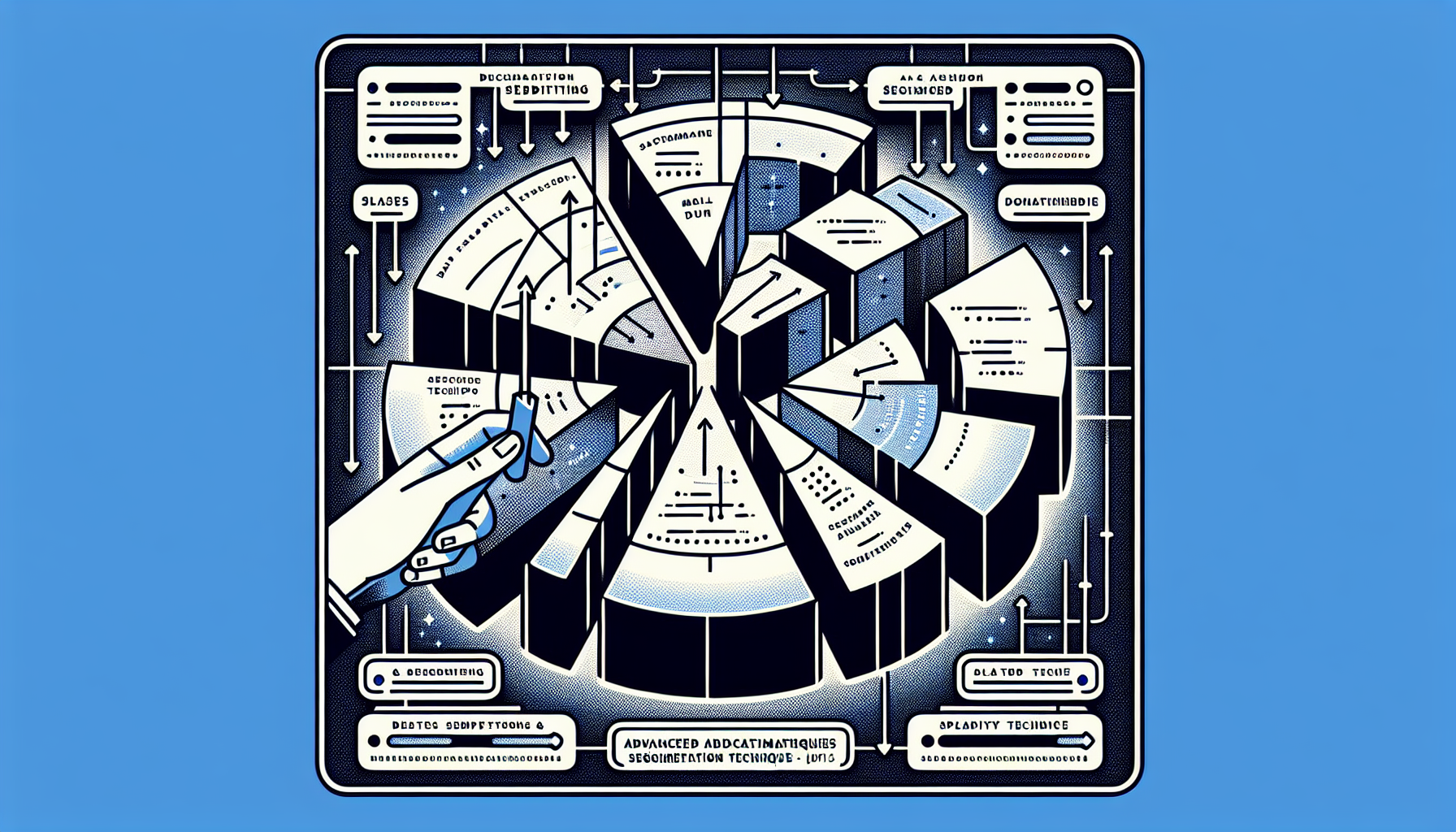 A detailed diagram that showcases advanced segmentation techniques in the field of computer science and data analysis. The image should depict the splitting of a data set/item into several parts or segments, with arrows pointing to each segment. There should be notes or captions explaining each technique beside each segment, including its uses, benefits, and drawbacks. The overall theme should be professional and academic, with a keen focus on clarity and comprehensibility.