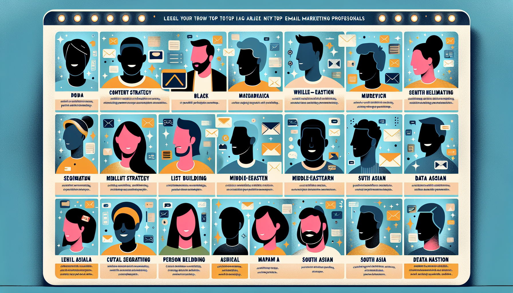 A bright digital bulletin board showcasing an array of top email marketing professionals. Each profile should include an abstract figure representing a person of diverse descents such as Caucasian, Black, Middle-Eastern, Hispanic, South Asian, and White, both genders included. Keep the personal profiles general with no reference to actual people. Each profile should gleefully show their main strengths like Content Strategy, List Building, Segmentation, Data Analysis, Email Design, and more. Add some digital elements such as lights and links, signals showing the interaction and connection between professionals. Keep the tone educational and inspiring.