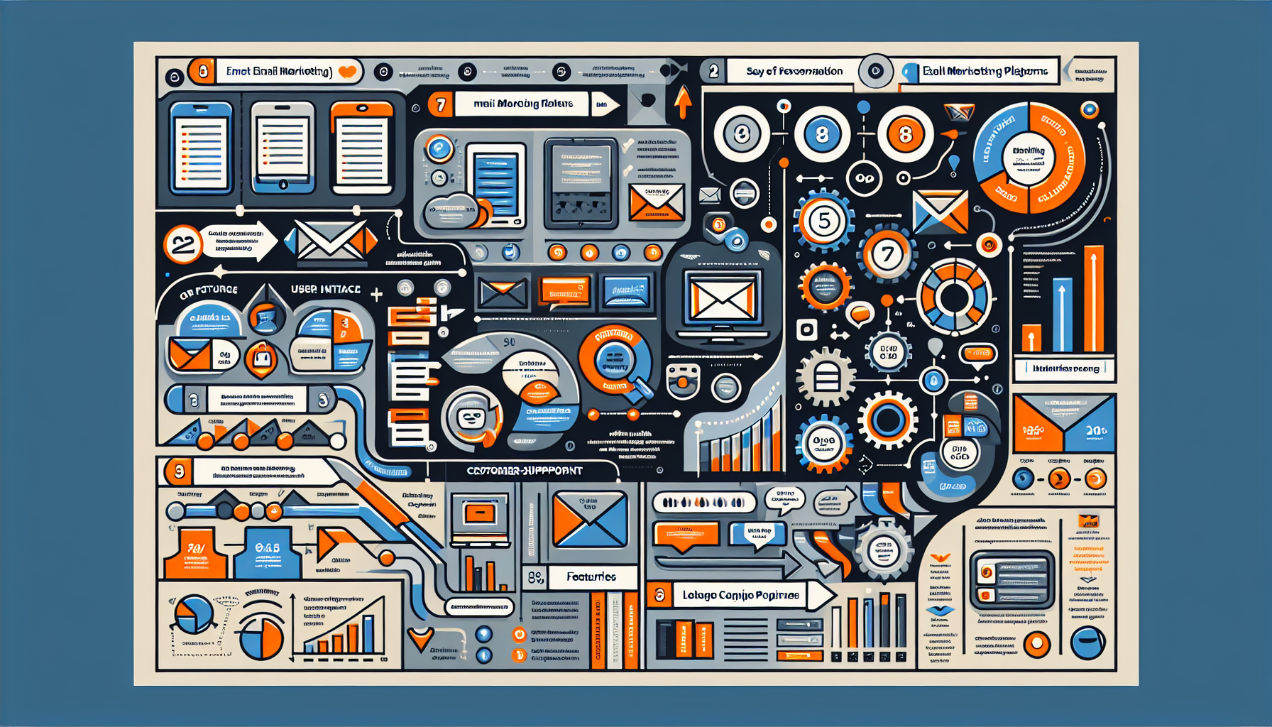 A detailed infographic representation of the top email marketing platforms, comparing and reviewing them based on a series of metrics such as ease of use, user interface, features, pricing, and customer support. The infographic should incorporate a variety of typographies, colors, and icons to differentiate between the platforms and information, encapsulated in a modern, organized and visually pleasing design.