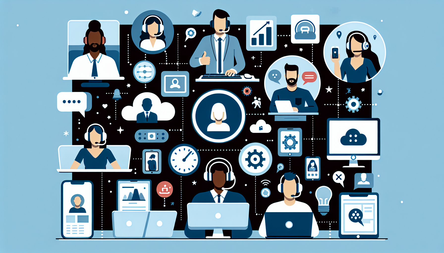 An array of top remote work solutions, each symbolized by an icon. This includes a white, male character engaging with a video conferencing platform on his computer, a black, female character utilizing project management software on her laptop, a Hispanic male character with headphones participating in a virtual training session. Also, depict a cloud storage icon and various other digital tools that facilitate remote work, all surrounded by a positive, productive aura.