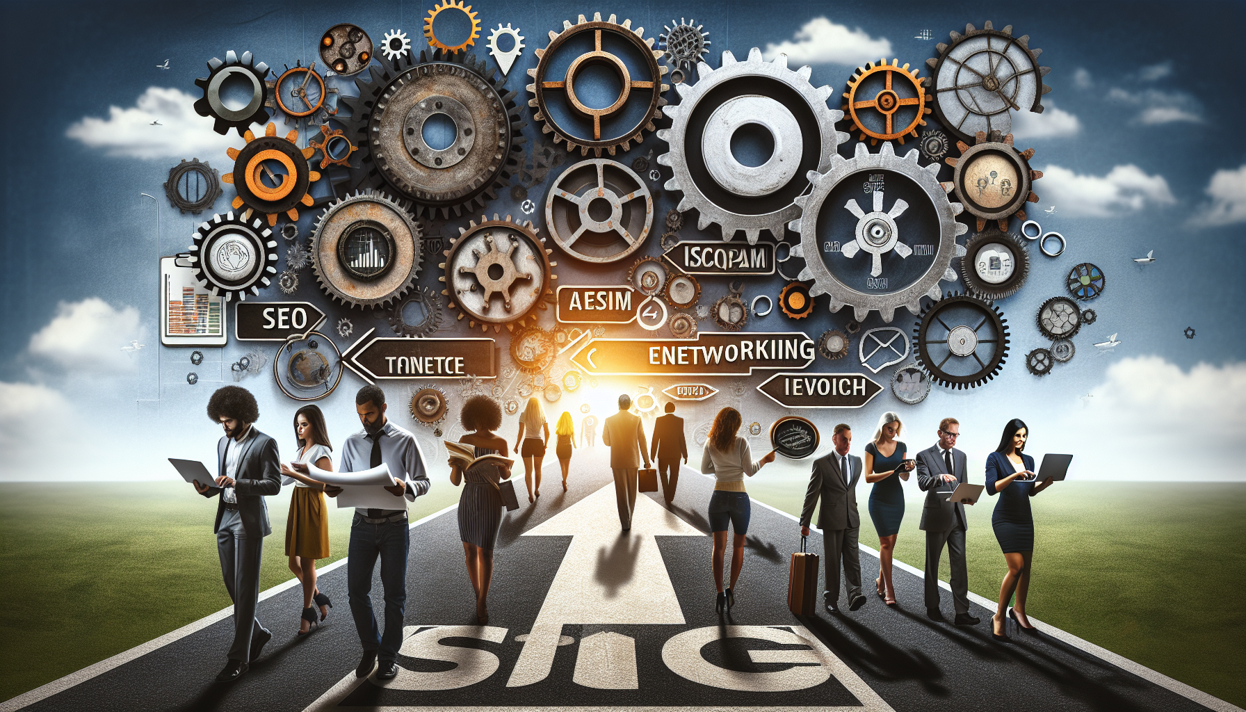 An inspiring image showcasing the vital elements needed for success in affiliate marketing. Visualize a large gear mechanism in the background, each cog representing various strategies like SEO, content creation, networking, and research. Displayed in the foreground is a path with milestone markers indicating progress. Include a diverse group of people walking this path - a young Black woman with a blueprint in her hands, a middle-aged Caucasian man analyzing data on a tablet, a Hispanic woman in her 30s brainstorming ideas on a notepad, and a South Asian man in his 20s creating content on his laptop. Their determined expressions match the motivated environment around them.