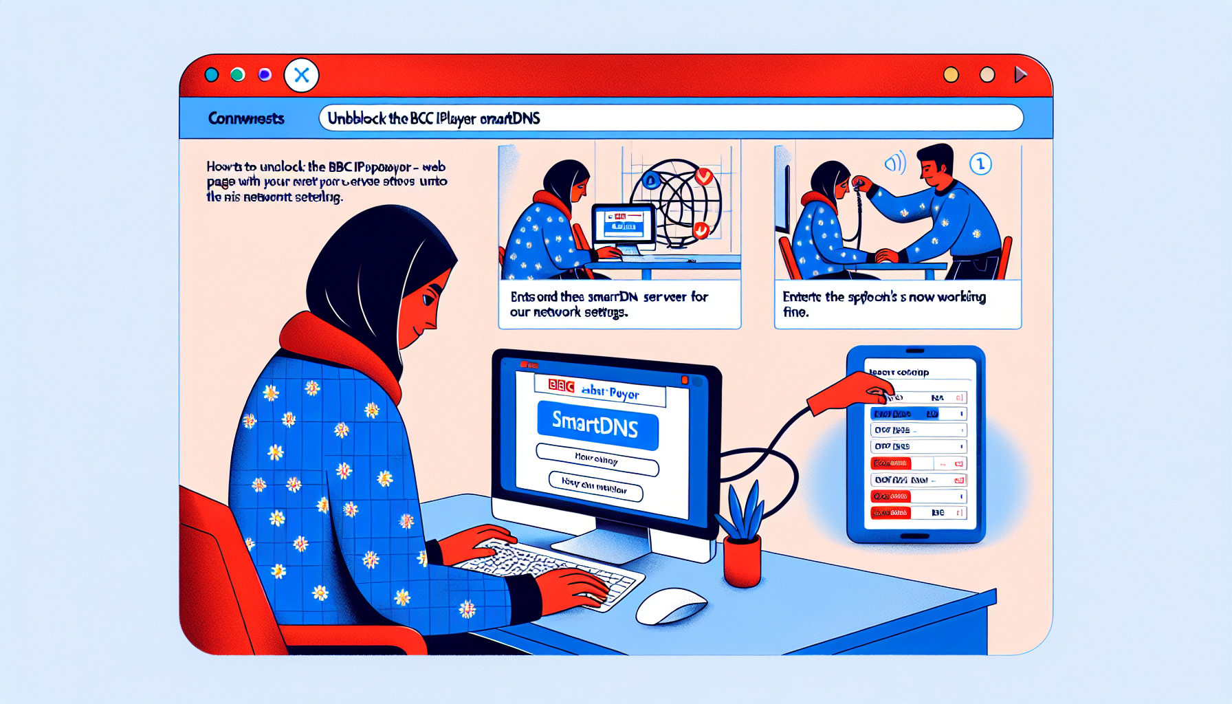 A step-by-step illustrated guide on how to unblock the BBC iPlayer using SmartDNS. The image should start with a person sitting in front of a computer screen with the BBC iPlayer