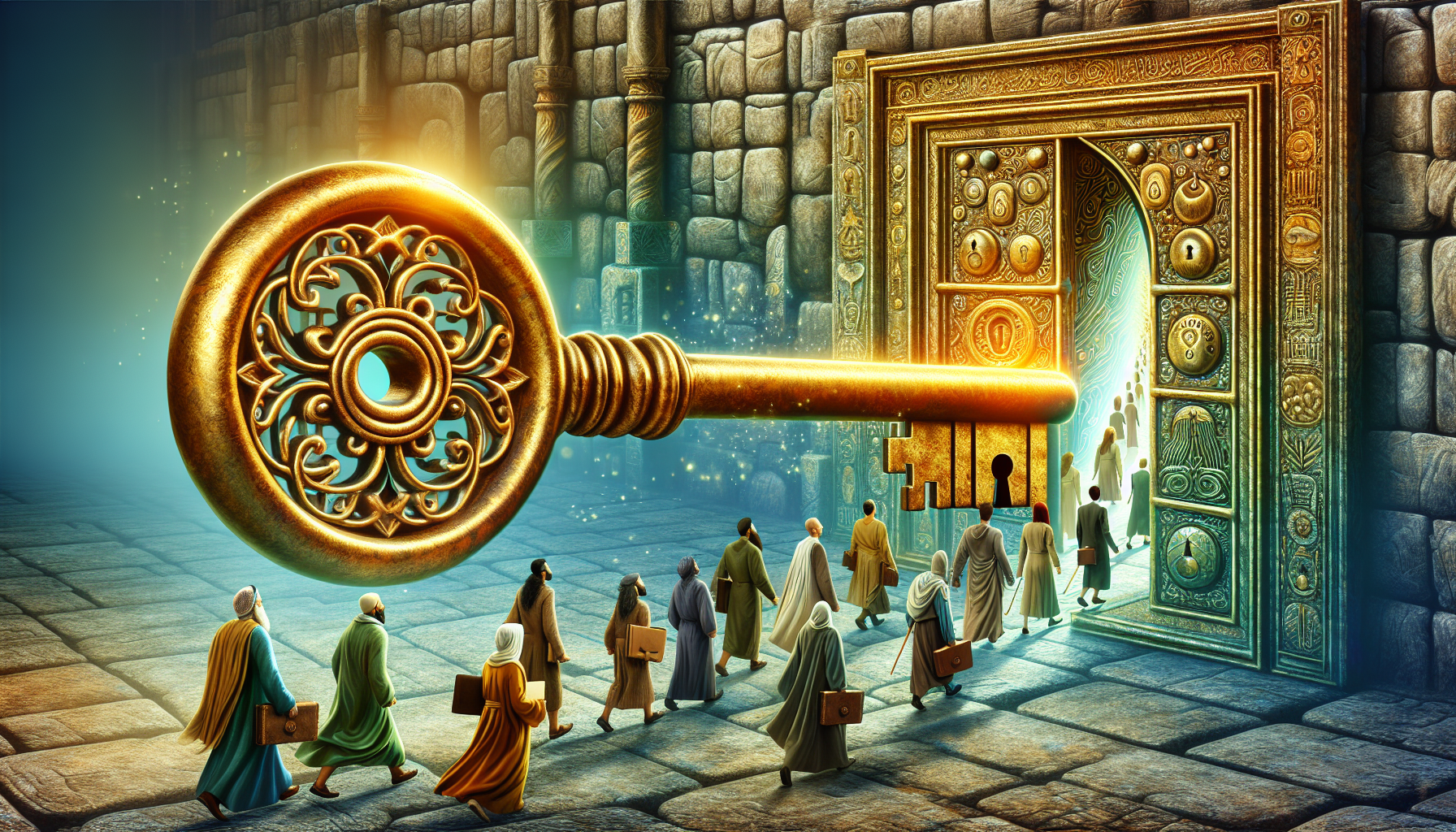 A vivid depiction of a large antique key made from golden metal, intricately designed and ornately decorated. It is slowly turning in a gigantic age-old lock. The lock is a part of a grand, ancient stone door with mysterious symbols and intricate carvings. Emerging from the open door is a diverse group of people of different descents such as Caucasian, Hispanic, Black, Middle-Eastern, and South Asian, each person represented equally. These individuals are dressed in sage-like attire, carrying scrolls and old books, signifying wisdom. They are walking down a path titled 