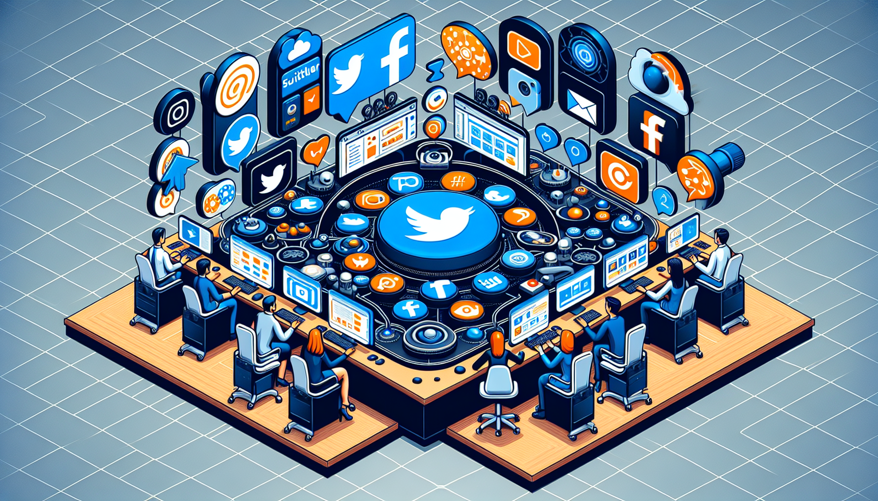 Visual representation of essential social media management suites for enhancing online presence. The image should consist of symbols representing different social media platforms like a bird for Twitter, a blue 