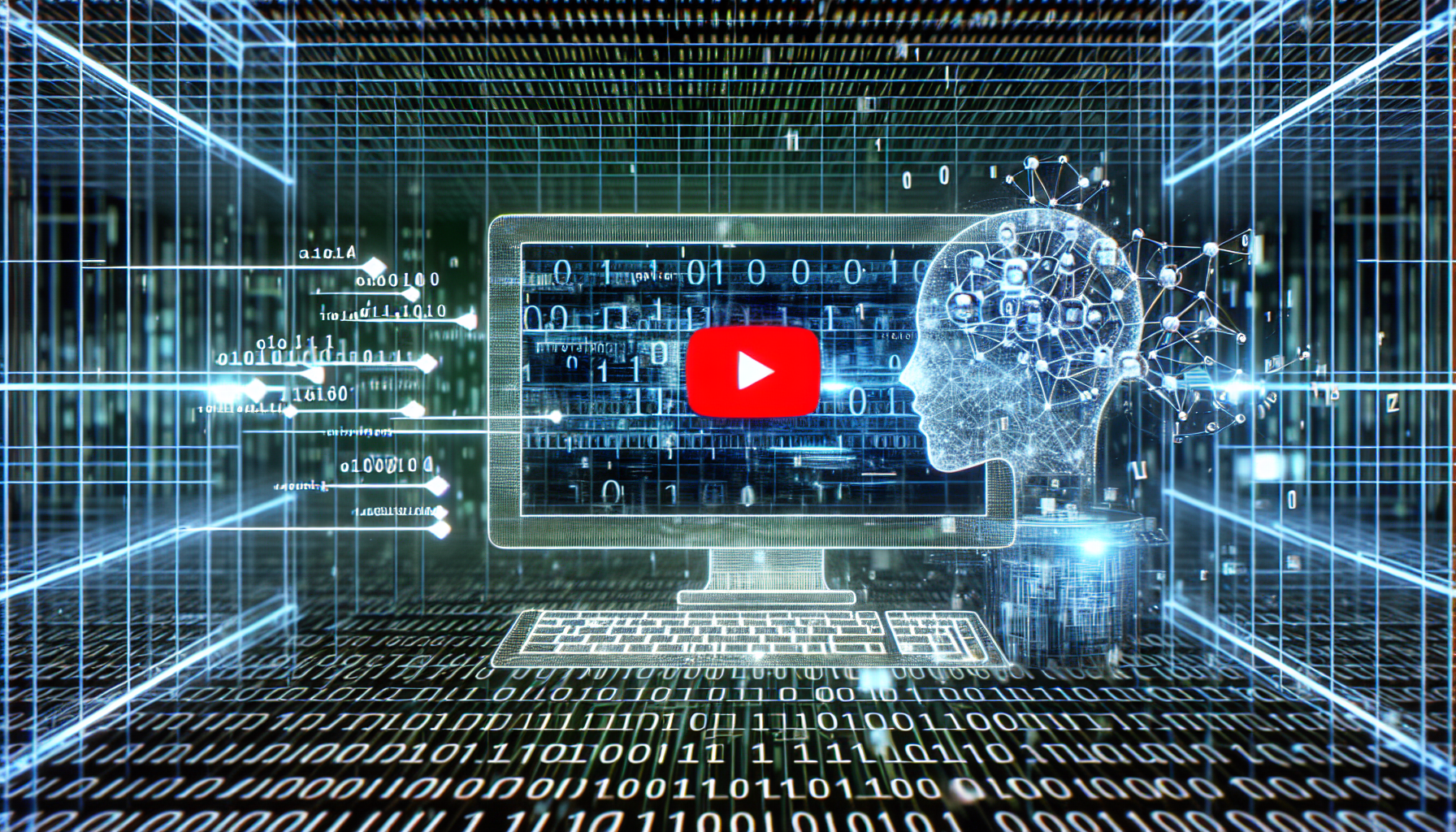An image capturing the concept of artificial intelligence being used in transcribing YouTube videos. This can be represented, perhaps, by a computer in the center with a YouTube video playing on it, surrounded by multiple lines of text symbolizing the transcriptions being generated. In the background, the grid-like design of digital data or binary code could be present to represent the role of AI in the process. A more complex intelligent system in the corner might symbolize the AI, illustrated as a network of interconnected nodes.