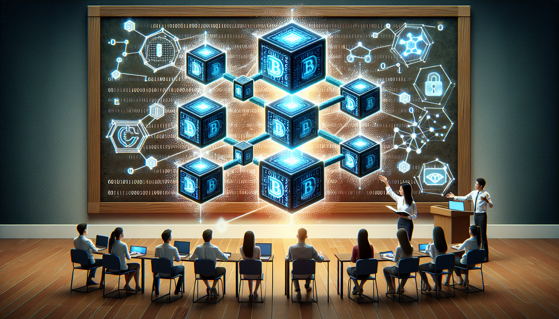 Visual representation of blockchain technology: Picture a series of interconnected blocks, each housing encrypted data. Imagine a ledger where each block, represented by a three-dimensional cube, contains a unique code that links it to the preceding and following block forming a chain. Around this, throw in symbols of technology such as binary code, circuit lines and glowing nodes. Also, include a book or a board with the title 