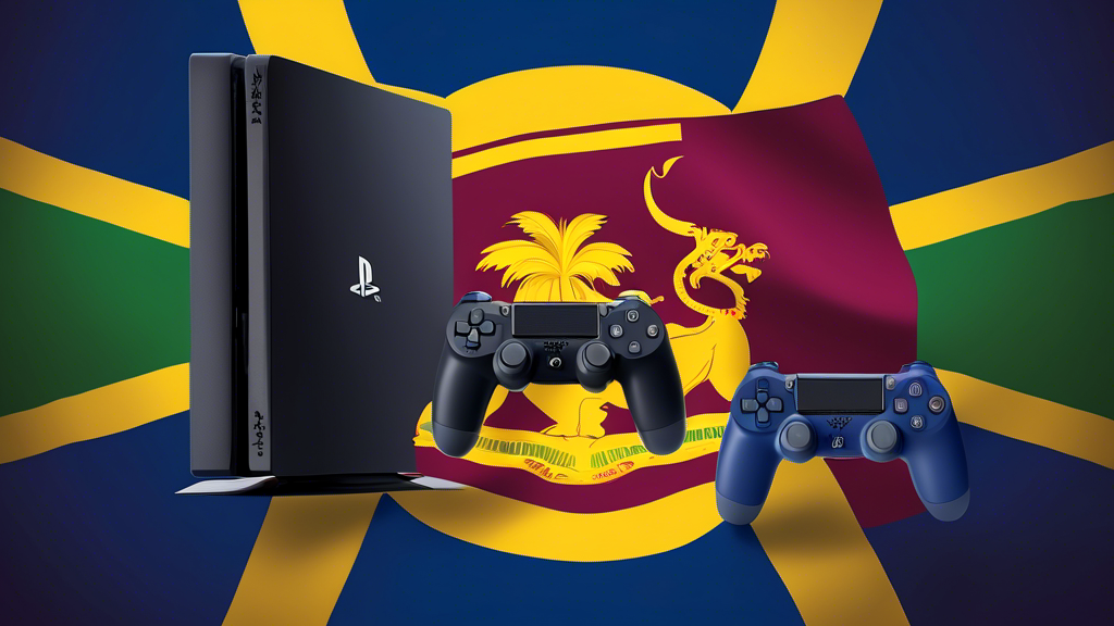 An illustration of a PlayStation 4 gaming console connected to a VPN router with the flag of Sri Lanka in the background, depicting a seamless and enhanced gaming experience.