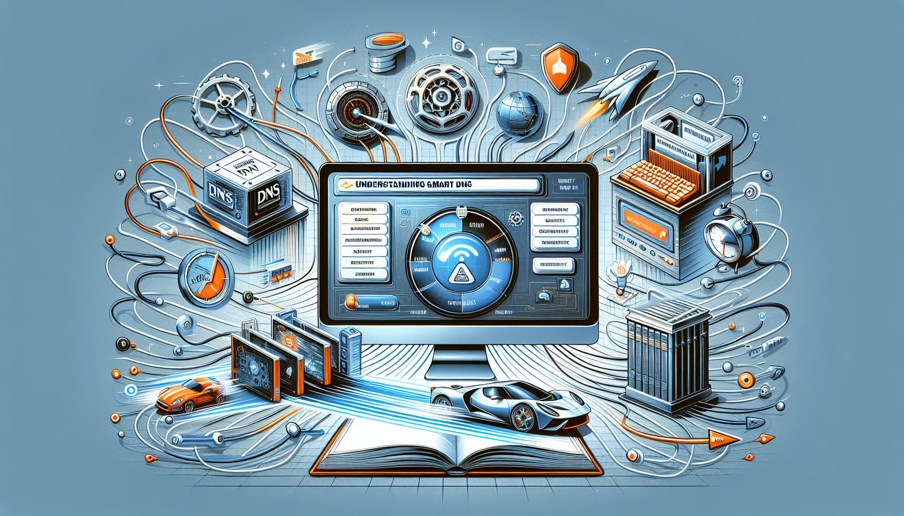 A detailed visual representation of the process of Smart DNS. In the center, a depiction of a computer screen with the DNS settings window open, surrounded by flowing lines symbolizing internet connectivity. Off to one side, a visual metaphor showing a speedy race car to symbolize the high speed of Smart DNS. On the other side, a secure vault to signify the security aspect. Along the top, a hovering book to imply the knowledge required to understand Smart DNS. Lastly, add an explanatory text 