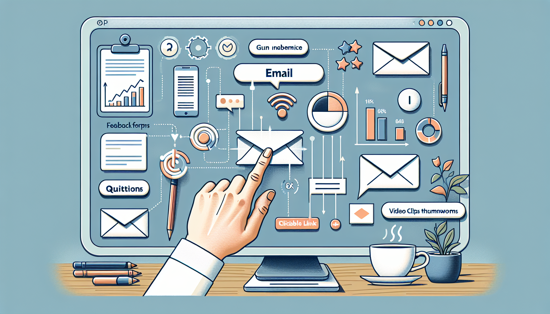 Illustrate an image showcasing email being an interactive hub for various activities. Depict an open email with elements like graphs, buttons, sliders, quizzes, feedback forms, video clips thumbnails, clickable links, etc. Also portray a pair of hands interacting with these diverse elements on a modern touch screen device, with one hand pointing at or sliding on the screen. The backdrop can be a minimalistic office setup with items like a pen holder, a cup of coffee, and a small indoor plant present on the table.