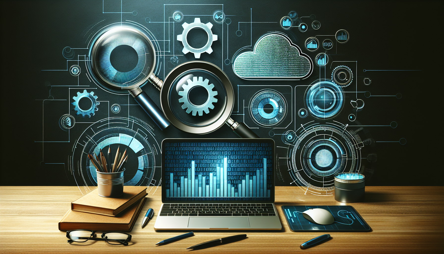 Create an image showing a desk with a variety of conceptual representations of digital analytics tools. Include a magnifying glass over a chart to represent detailed data analysis, a spinning gear indicative of real-time processing, a cloud to symbolize cloud-based storage, a pie chart for data visualization, and a binary code stream for representing raw data. Each object should be modern and digitally stylized to represent a technology-focused theme.