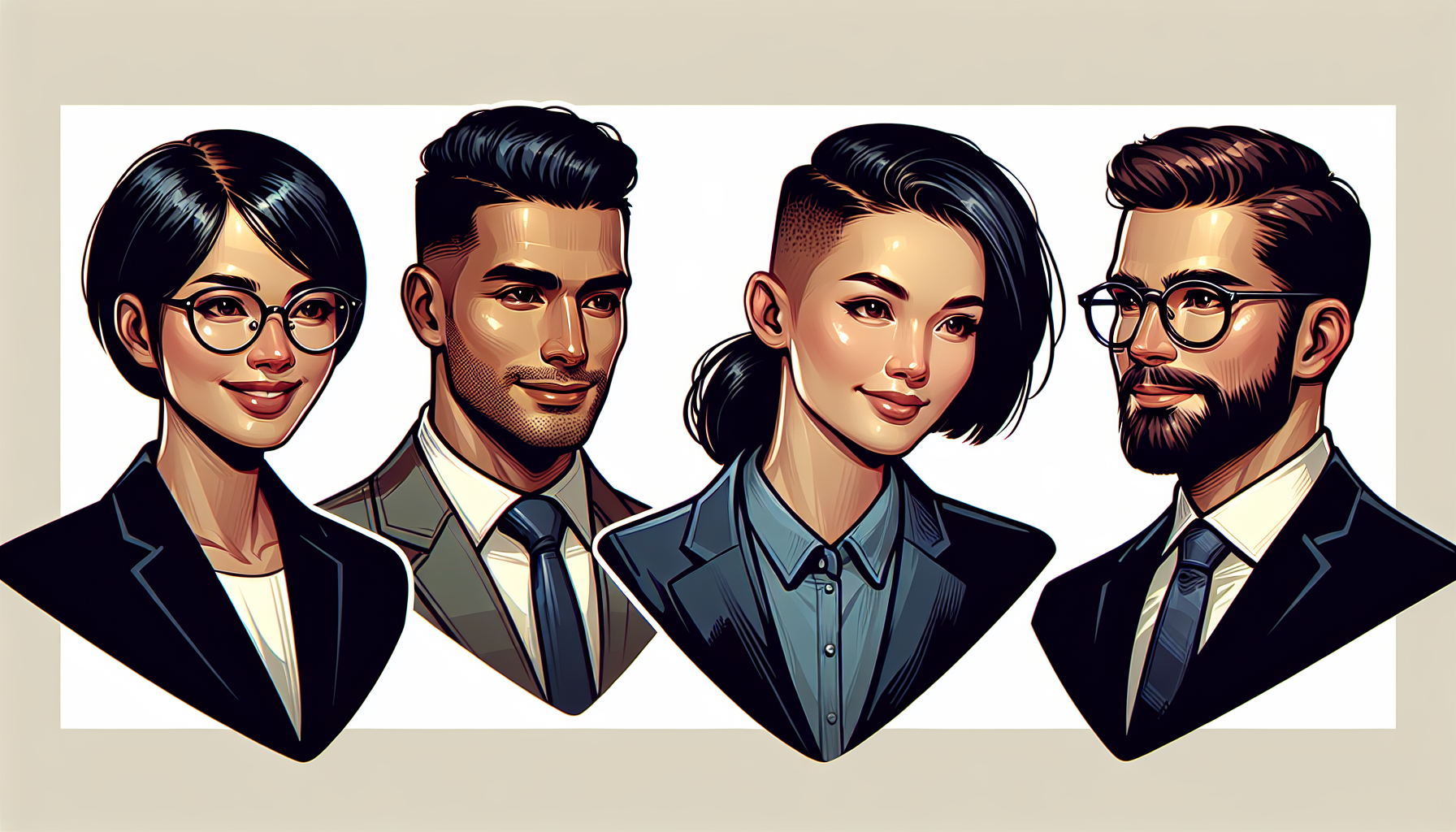 An illustration showing the profiles of four visionaries in the field of customer experience. From left to right: a South Asian woman with a shiny spectacle, short jet-black hair, wearing a button-up shirt and a warm smile, a Middle-Eastern man with stubble, a thoughtful expression, prominent sort haircut, dressed in an elegant suit, a Hispanic female with long brown hair tied up, looking confident and bold, wearing a trendy blazer, and a Caucasian man with neatly combed hair, wearing a classic business suit and tie, seeming eager and ambitious.
