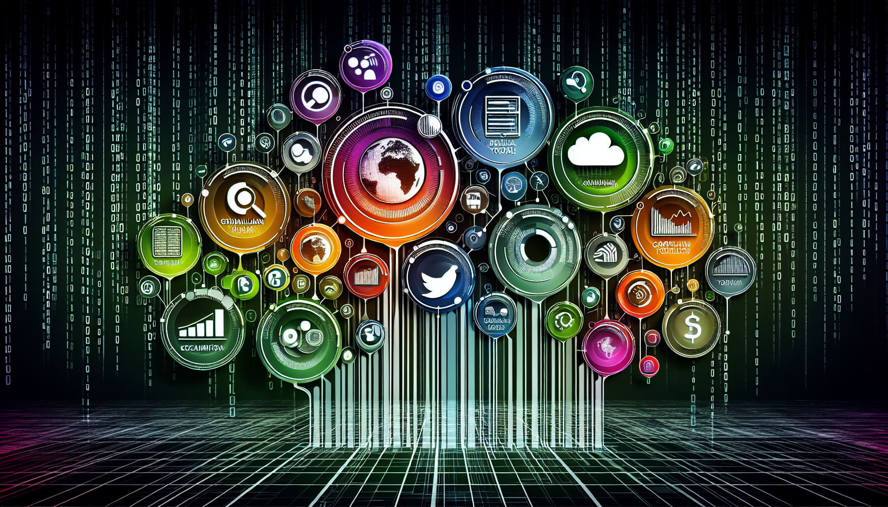 A graphically rich representation of the top digital analytics tools used for effective data analysis. Each tool is symbolized by its distinct logo inside a bubble, arranged in levels of popularity from top to bottom. The bubbles are interconnected with thin lines demonstrating their compatibility and usage overlap. Additionally, each bubble displays a bar graph that reflects the tool