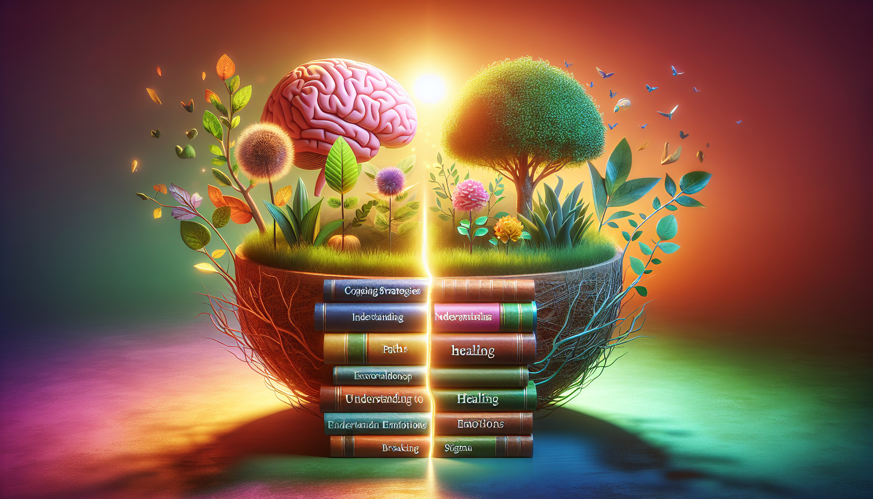 A conceptual image representing mental health awareness. The image is split into two parts: the first half shows a brain with roots growing from it into a vibrant garden, symbolizing growth and healing. This part is bathed in warm sunlight, representing understanding and awareness. The second half shows a series of books stacked up, each with titles relating to mental health such as 