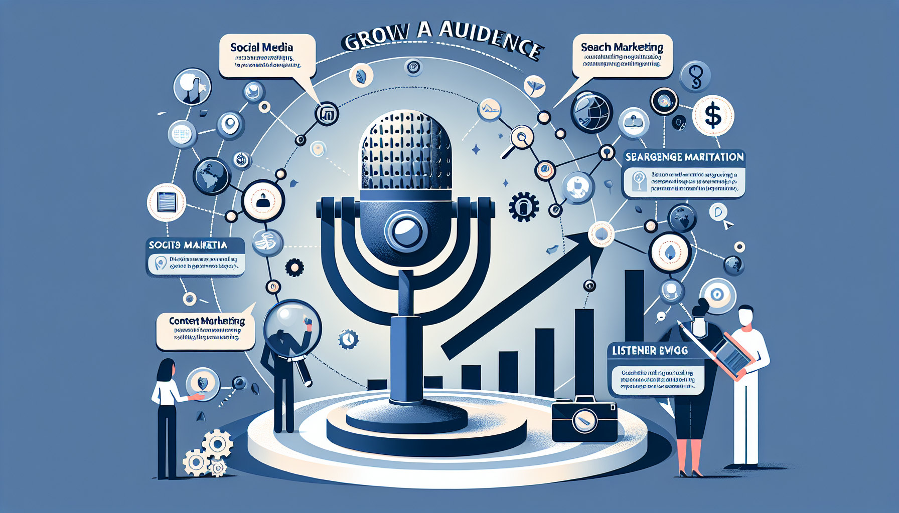 An informative illustration detailing effective podcast promotion strategies to grow audience. In the image should be a large microphone symbol at the center, which represents podcasting. Around this mic, there should be various icons symbolising different strategies such as social media networking shown by interconnected circles, content marketing represented by a pen and paper, Search Engine Optimization portrayed as a magnifying glass over a web page, and listener engagement depicted by two human figures with speech bubbles. Please include a rising graph to symbolize an increasing audience. The image should have a modern, digital infographic style.