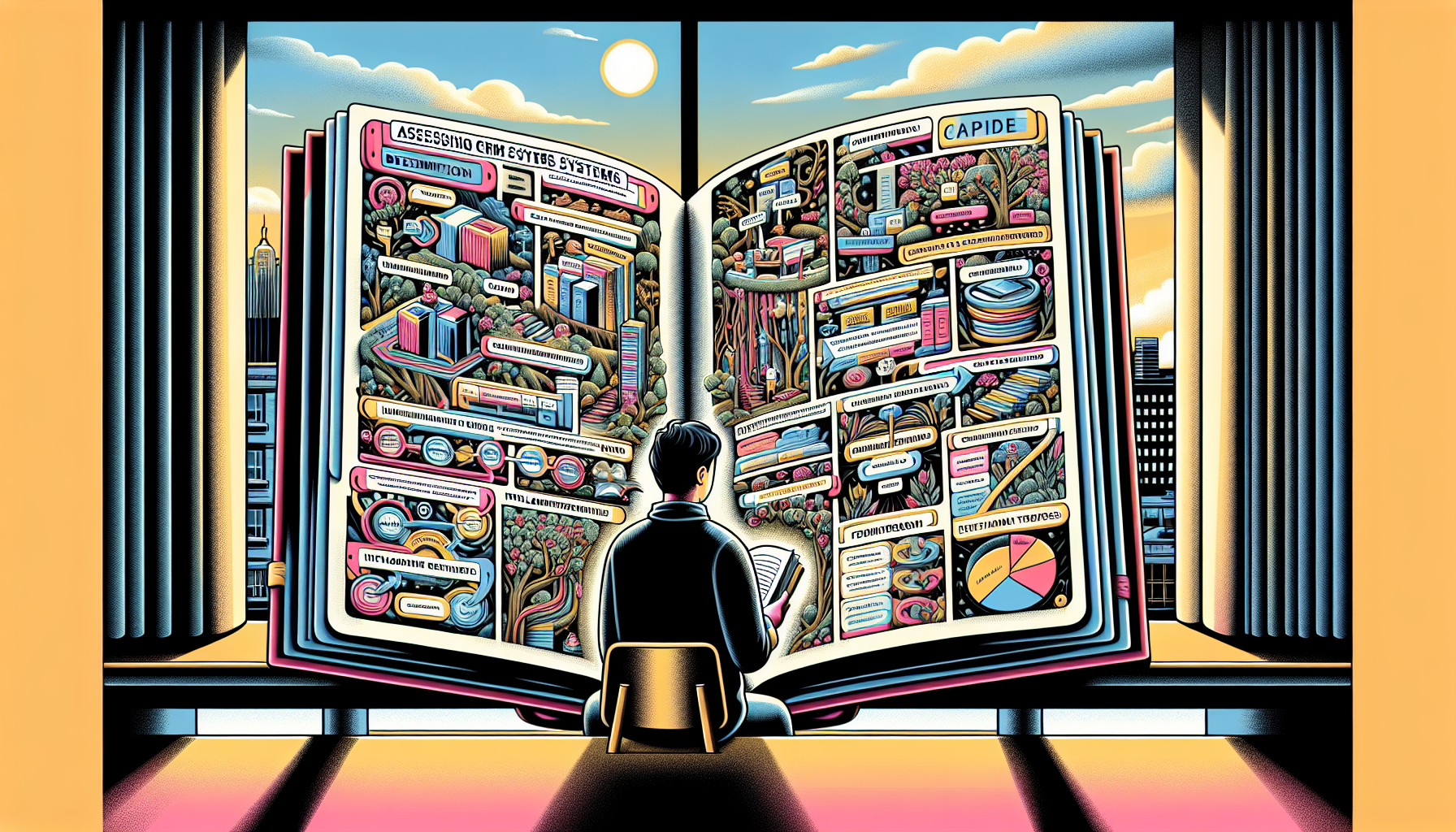 An intricate illustration of an open guide titled 