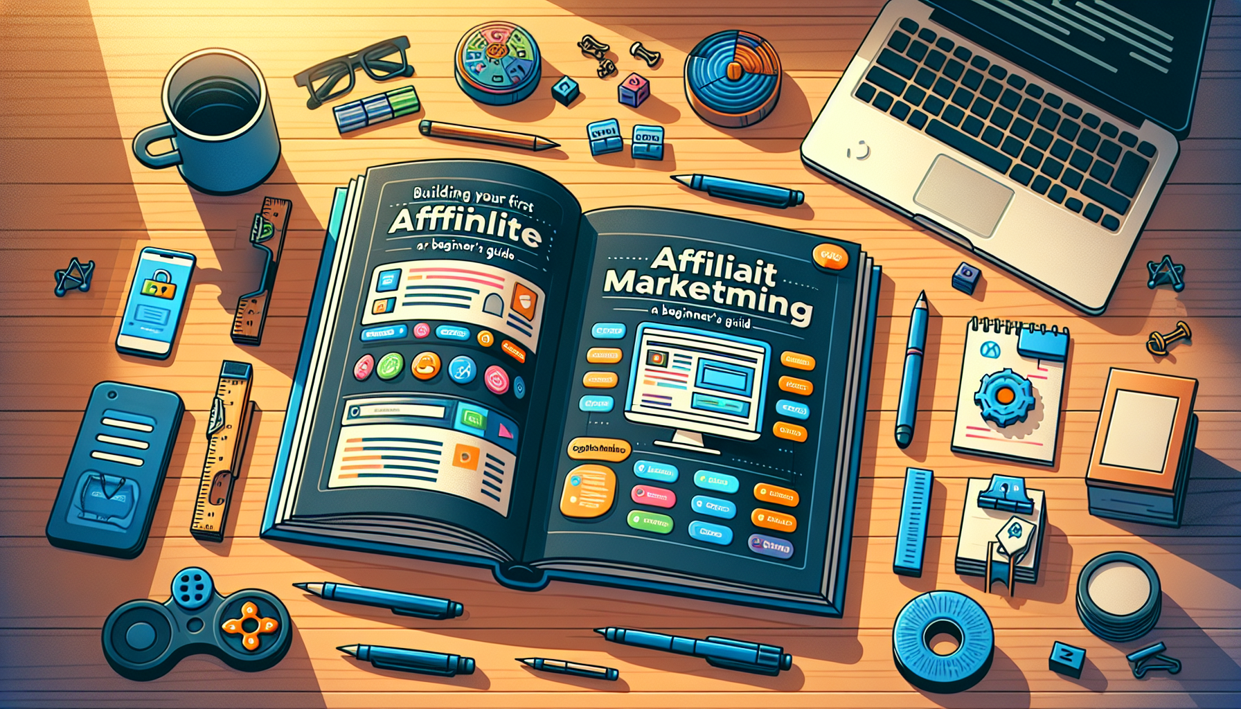 An illustration representing an open guide book on the topic of affiliate marketing for beginners. The cover page of the book shows a simplistic website blueprint, including colorful clickable buttons, banners, user login section, and shopping cart. There