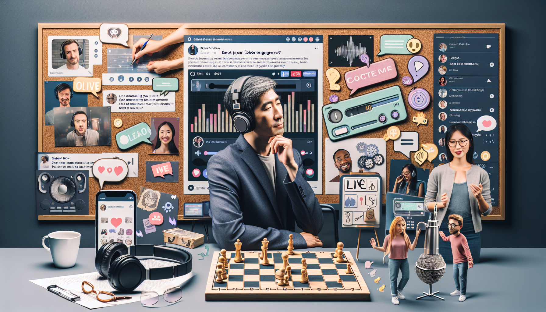 An image representing a variety of engaging ways to boost listener engagement in a creative manner. The scene includes a podcast host, Asian male, thoughtfully engaging with his audience through a livestream on a large screen behind him. The screen showcases live comments and emojis flowing. On a table, an interactive board game themed around radio topics, meant to involve listeners, a smartphone showing social media platforms where listeners can interact, and headphones symbolizing direct communication. Furthermore, there