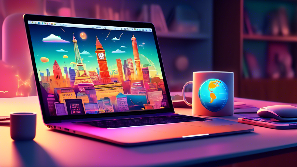 An illustrated guide open on a desk, brightly illuminating the latest MacBook features with vibrant, animated tips floating around it, surrounded by iconic global landmarks in a digital world.