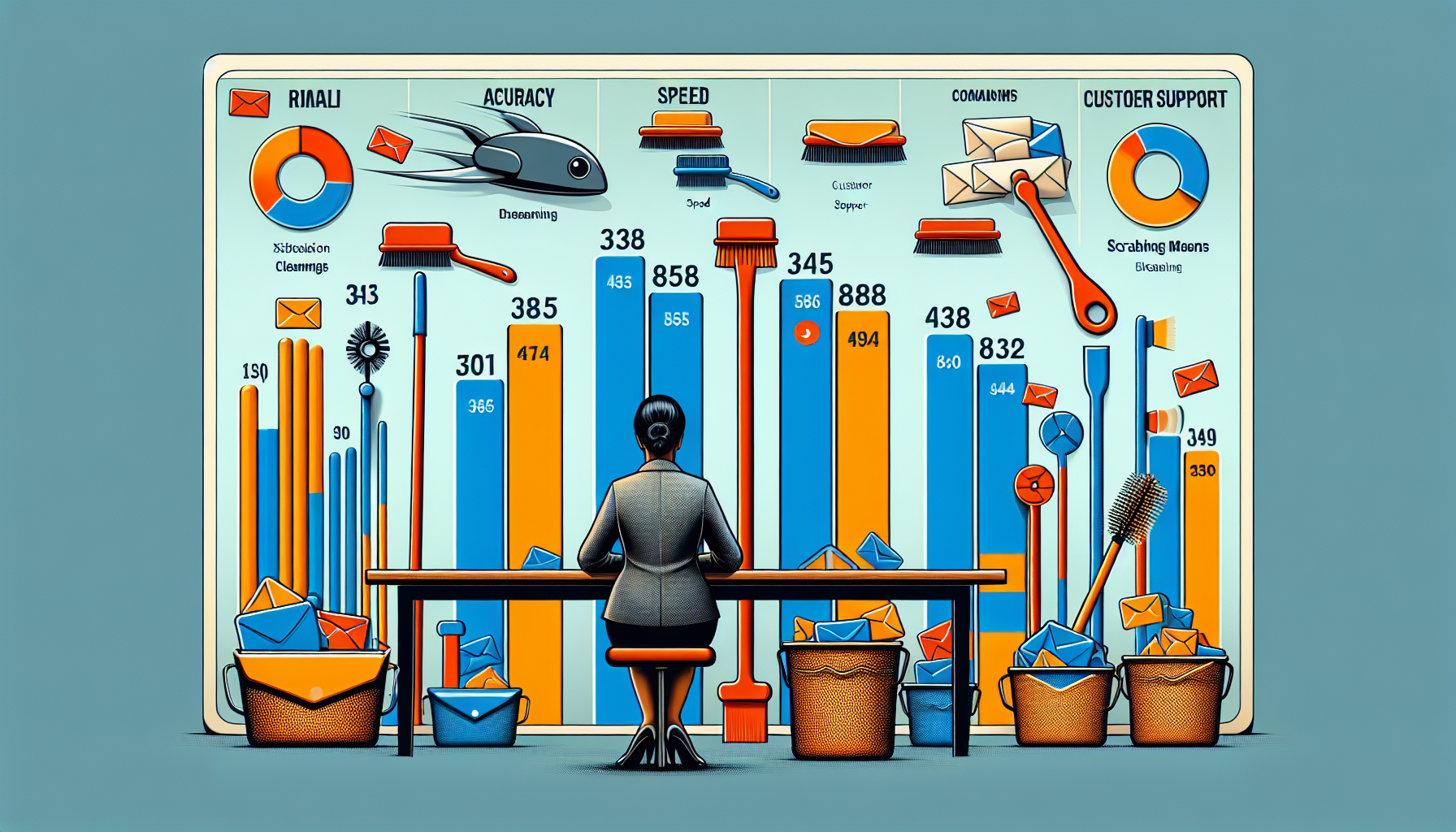 A visual comparison of various top rated email list cleaning tools. The visualization showcases dynamically-colored bar graphs for each tool, indicating their effectiveness in various categories such as accuracy, speed, customer support and user-friendliness. The view would also have a key to interpret the color coding. A neutral observer, a middle-aged South Asian woman in professional wear, is studying the data with interest. On the side, stylized representation of the tools such as mailboxes, envelopes and scrubbing brushes represent the process of email list cleaning.