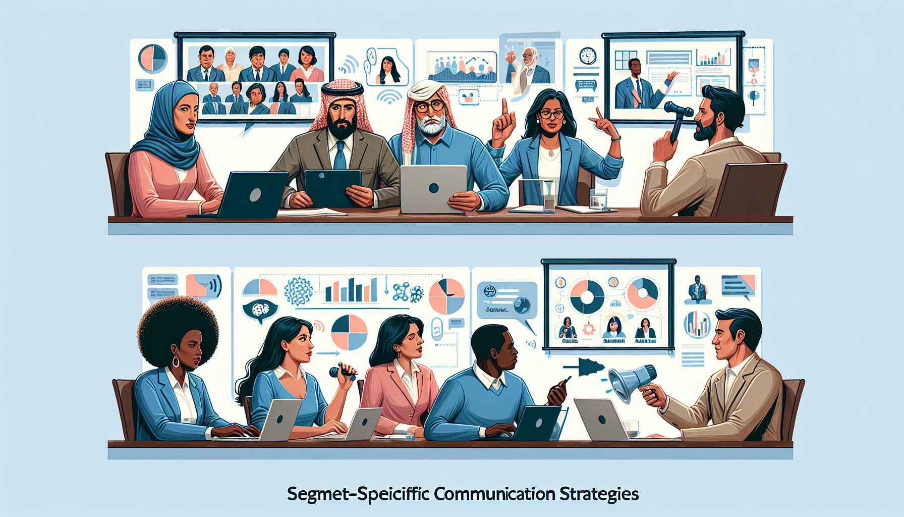 An illustration showing a diverse group of people mastering segment-specific communication strategies. There would be four different scenarios displaying segment-specific strategies - two men, one Middle-Eastern and the other Caucasian, involved in a corporate meeting, two women, one of South Asian and the other of Hispanic descent participating in an online webinar, a Black woman giving a public speech, and a team of mixed genders from different descents brainstorming for a digital marketing strategy. Each group would be visibly engaged, using digital devices, whiteboards, and other resources to communicate their ideas effectively.