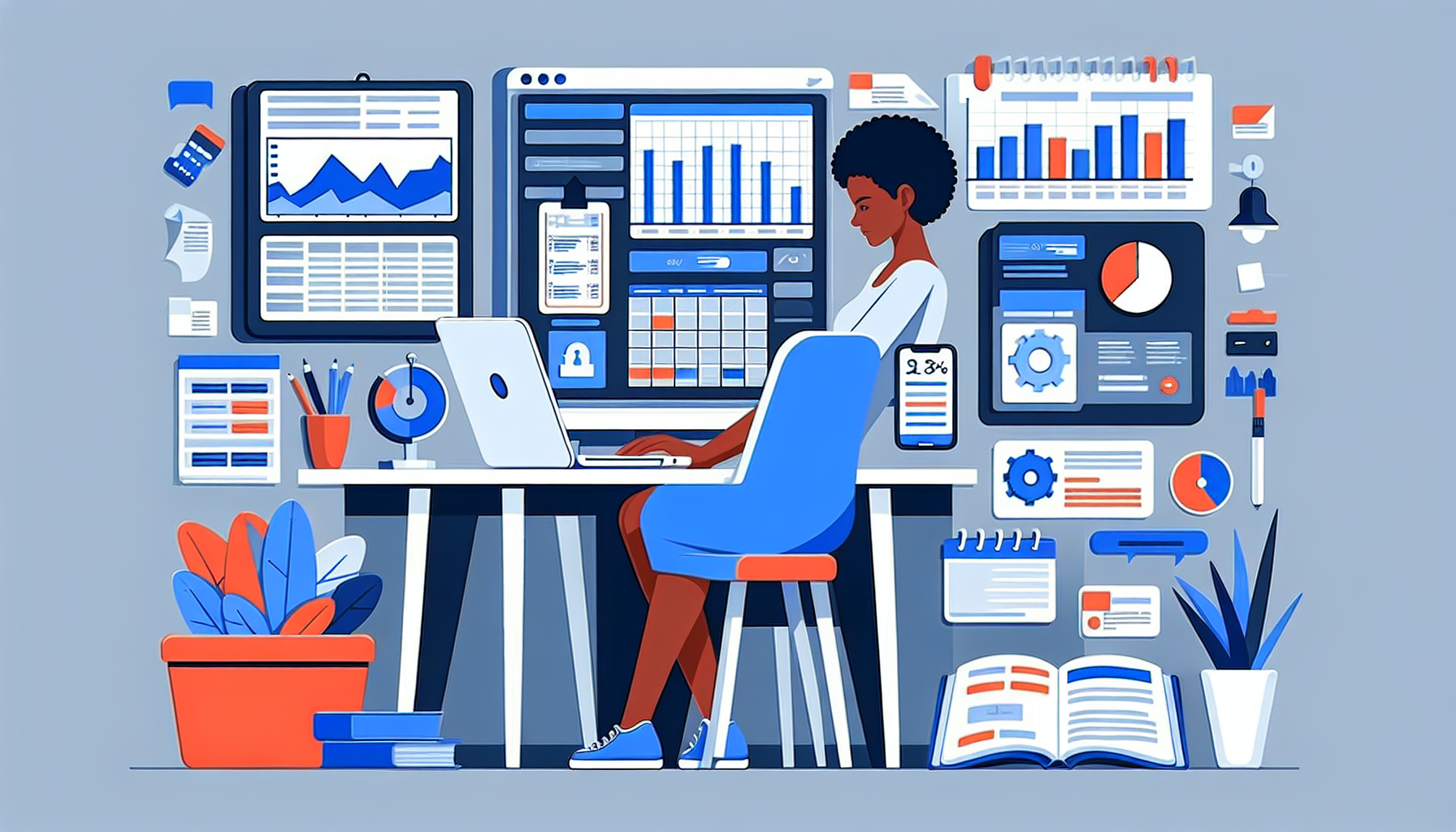 Illustrate a variety of tools used for managing Pay-Per-Click (PPC) campaigns. These can include a laptop showcasing an analytics platform, spreadsheets for tracking data, a calendar for scheduling ads, and performance charts, along with other related items. The scene should be set on a tidy desk, establishing a business-focused atmosphere. To provide a human element, include an African female digital marketer studying the tools, keenly analyzing data. She should appear professional and focused, indicating her expertise in this field.
