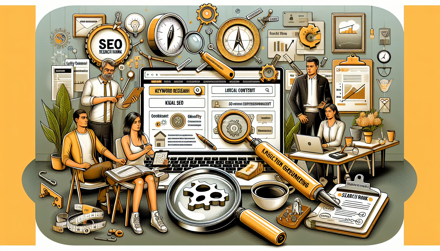 A detailed illustration of a digital marketing toolkit, with various tools labeled with notable SEO strategies aimed specifically to enhance the visibility of a podcast. Tools may include a magnifying glass inscribed with 