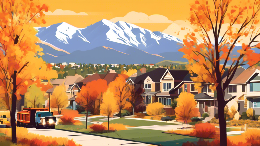 An illustration showcasing the top tree service providers at work in a serene Denver, Colorado neighborhood, with the Rocky Mountains in the background, during a vibrant autumn season.