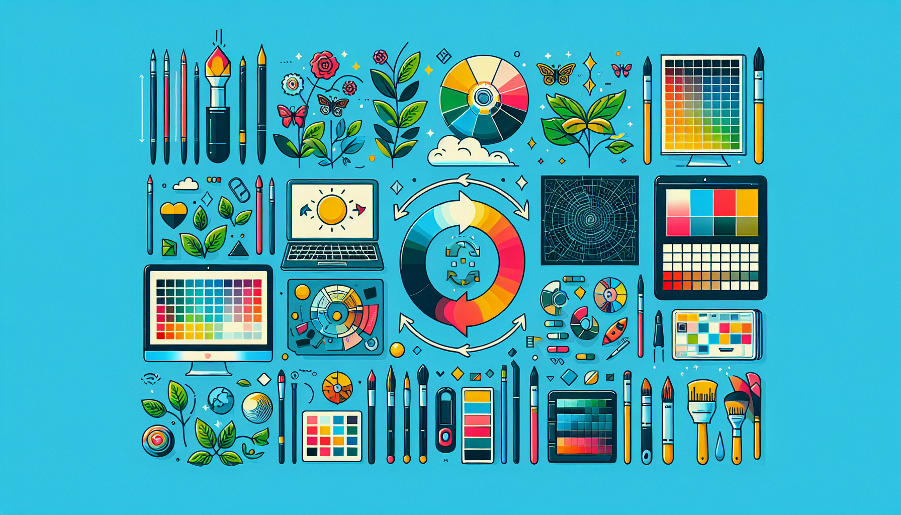 Illustrate an assortment of top graphic design tools that are beneficial for marketers. These tools could include software logos, color palettes, digital brushes, and grid systems. Additionally, demonstrate how these tools can elevate the quality of visual marketing by showing an exemplary transformation of a simple design into a sophisticated marketing visual. This shift can be shown in a stepwise manner detailing the impact of each tool.