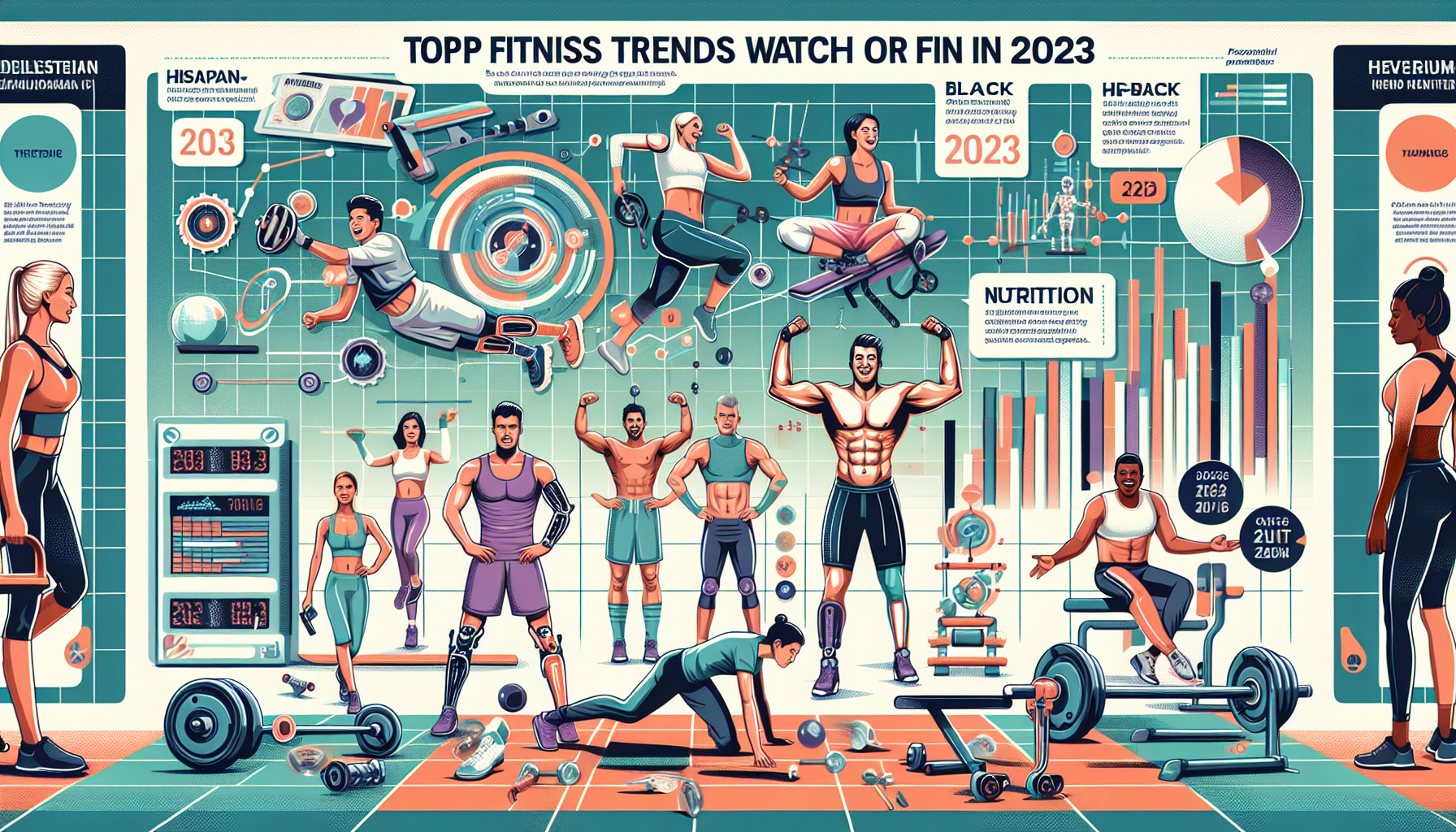 An illustrative infographics highlighting the top fitness trends to watch for in the year 2023. The image includes feature of excited fitness enthusiasts, both men and women of diverse descents such as Caucasian, Hispanic, Black, Middle-Eastern, South Asian demonstrating different fitness techniques. The depiction includes elements like contemporary workout equipment, unique exercise patterns, and organic nutrition supplements. It also features a futuristic gym setting since it