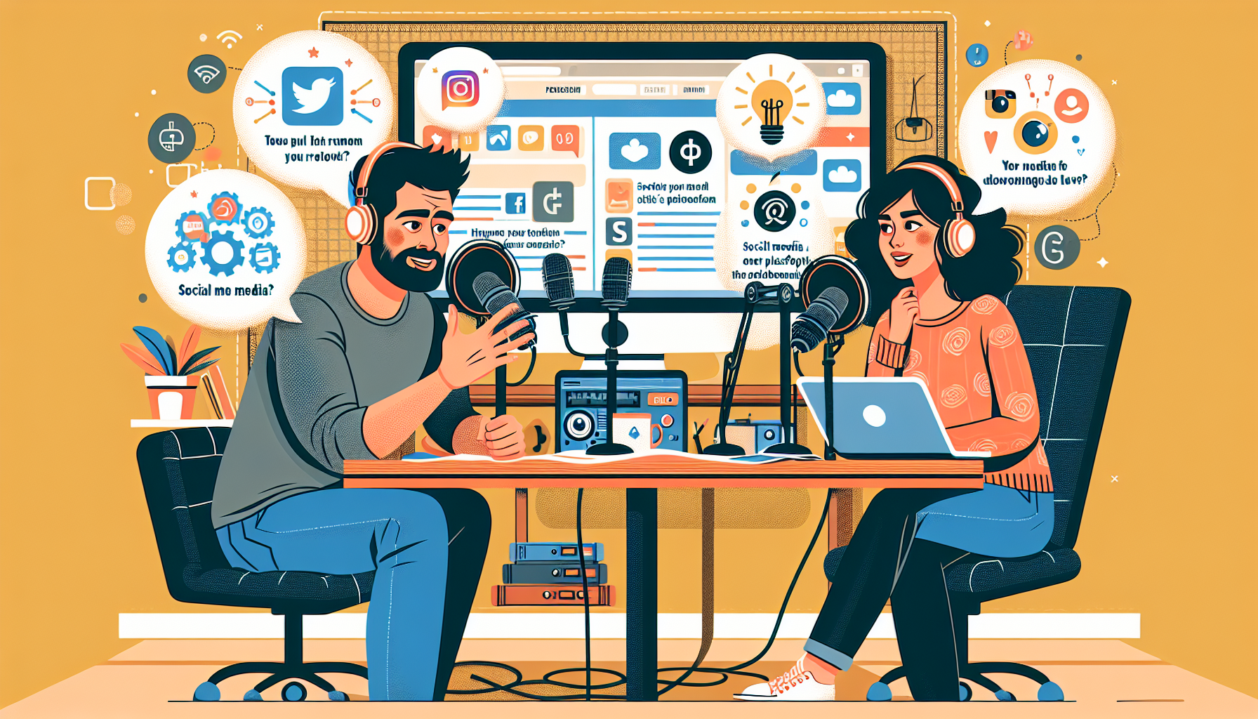 Depict a scene where two podcast hosts, one a Middle-Eastern man and the other a Hispanic woman, are discussing social media strategies. They