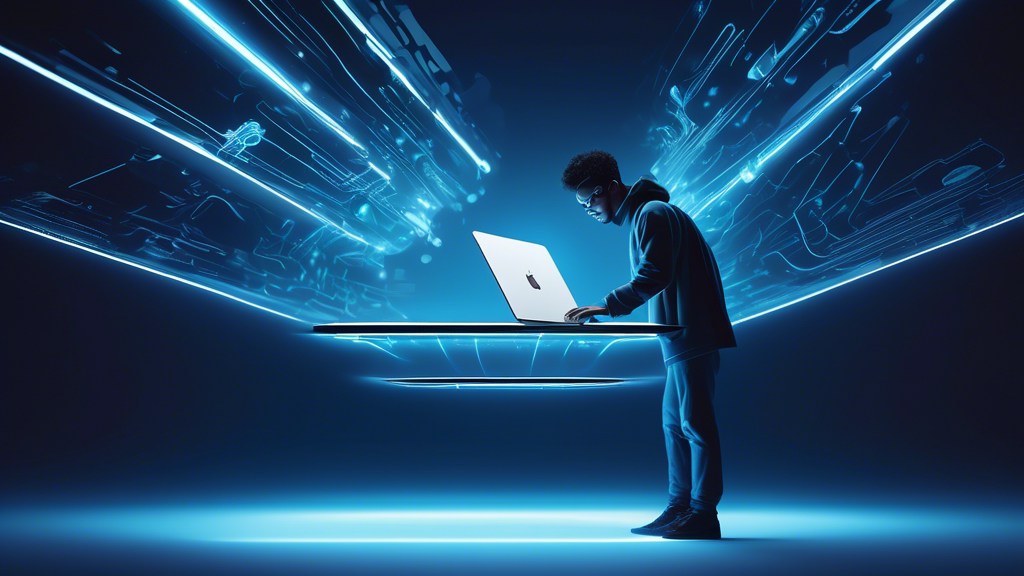 A futuristic illustration of a person exploring the illuminated, advanced features of a floating MacBook Pro in a sleek, high-tech environment.