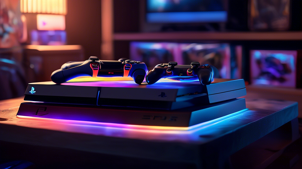 A highly detailed digital painting of a PlayStation 5 console surrounded by classic PS4 game cases, with a vibrant beam of light transferring the games into the PS5, symbolizing compatibility and upgrade. Background features a comfortable gaming setup with dual screens showcasing gameplay graphics evolution.