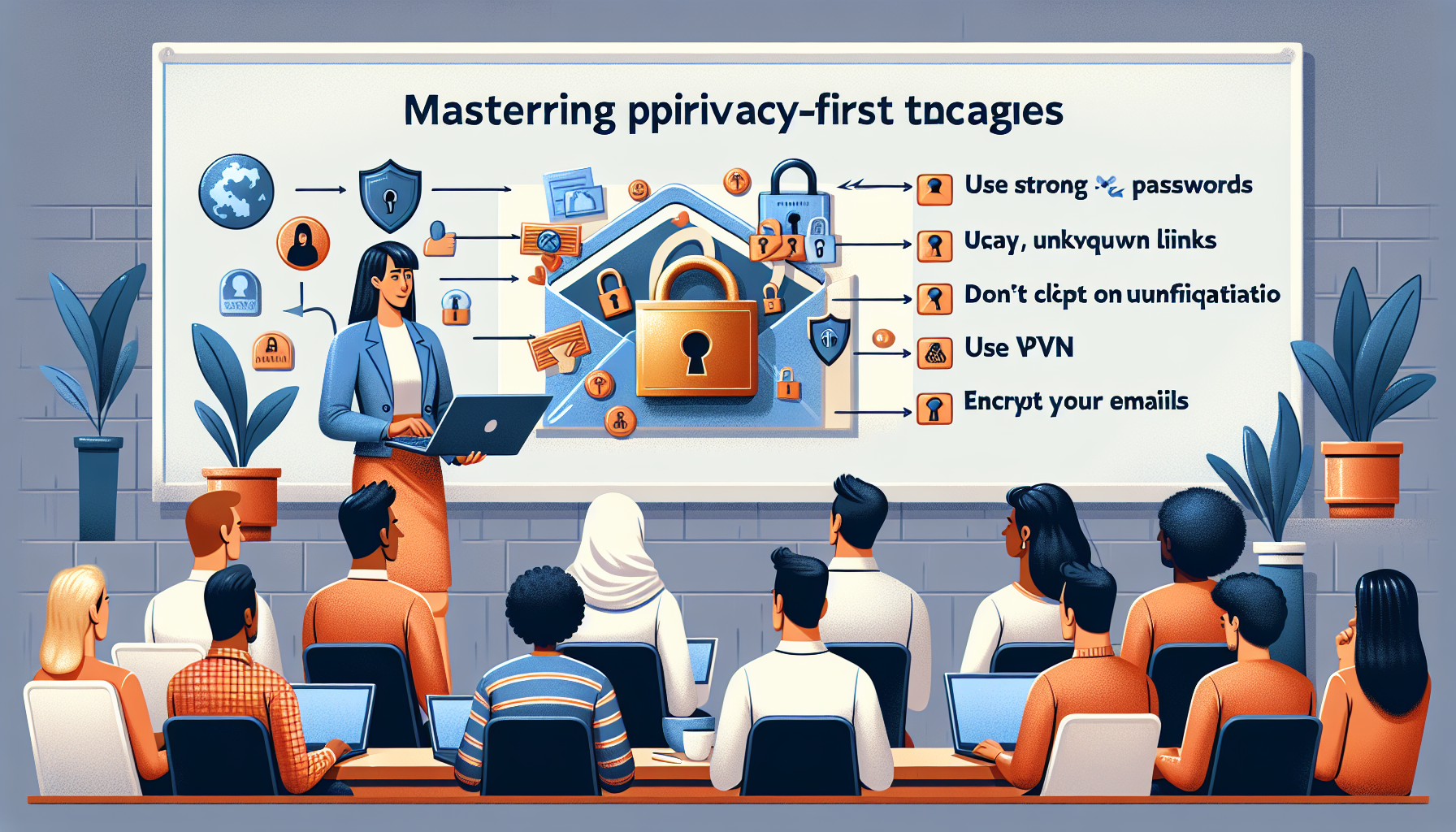 An informative scene illustrating the strategies for mastering privacy-first email techniques. There is a closed and locked mail envelope symbolizing privacy and a diagram with different strategies like encryption and two-factor authentication. A female Hispanic cybersecurity expert is conducting a workshop. She is standing next to a whiteboard that lists key points in mastering privacy-first strategies: Use strong and unique passwords, Don