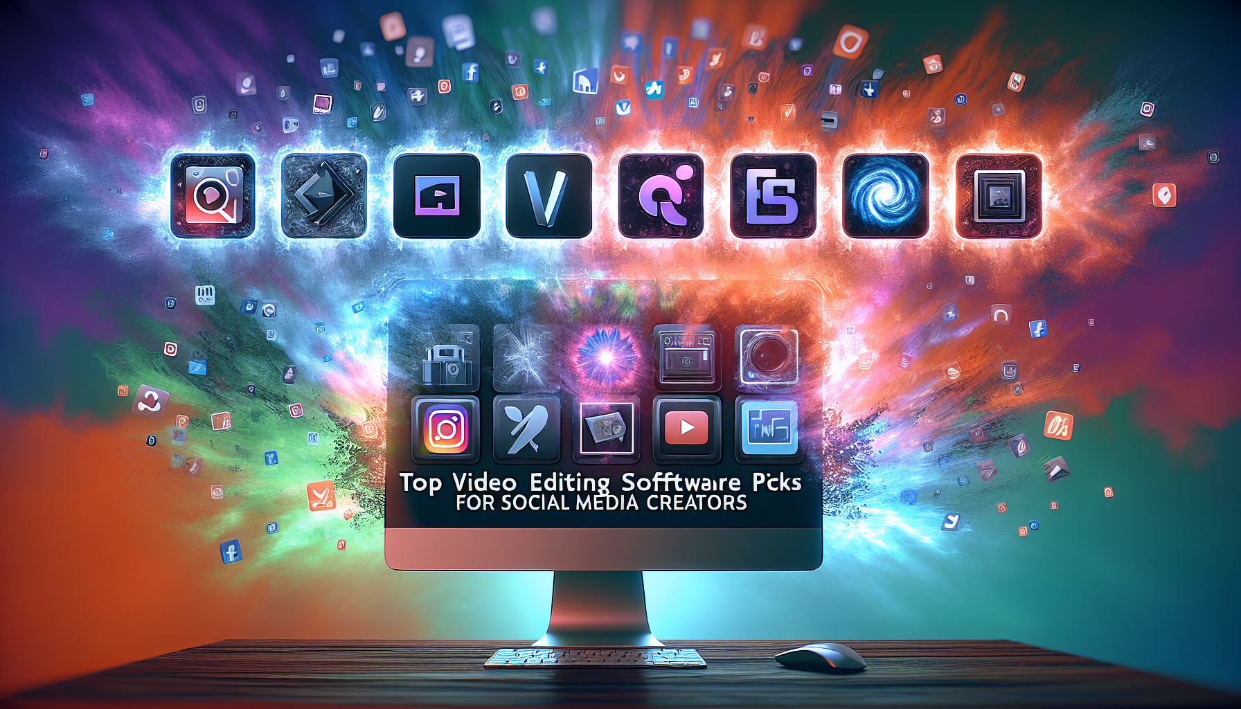 A selection of top video editing software tools commonly used by social media content creators. The software logos are arranged in two rows, depicted as icons on a computer screen. They are enveloped by an aura of vibrant color gradients symbolizing creativity. The backdrop includes abstract imagery of social media icons scattered around implying the realm of social media. A bold text title at the top of the image states 